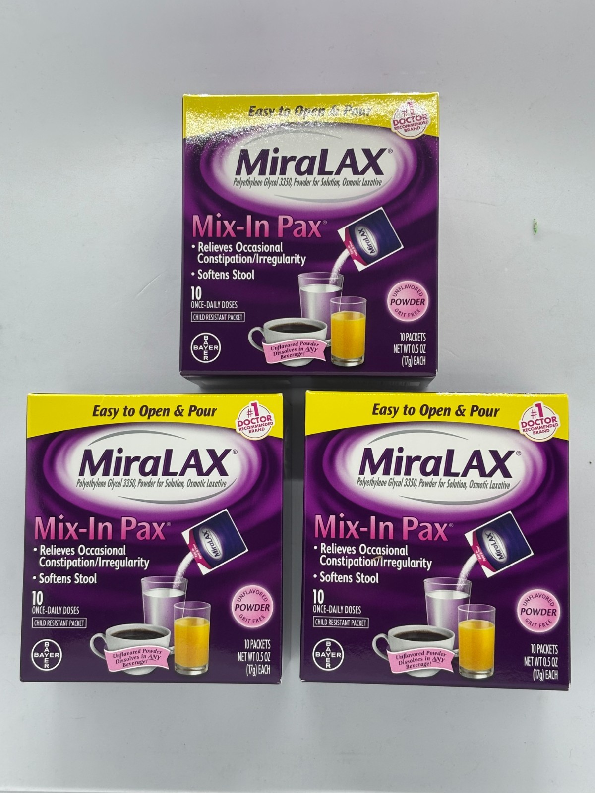 MiraLAX Mix-In Pax .5z 3 x 10 Dose, Exp. 9/2027, FREE SHIPPING!!