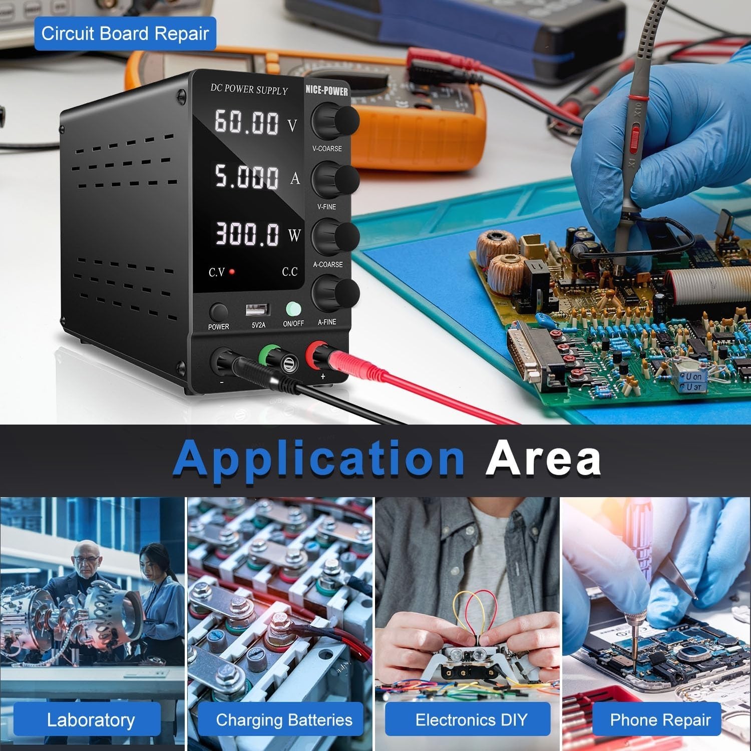 Variable 60V 5A Bench Power Supply: 300W Regulated w/ Output Switch
