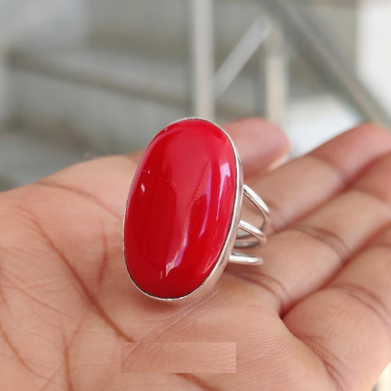 Red Coral Ring, Oval Stone Sterling Silver Handmade 925 Saver Ring All Size R360