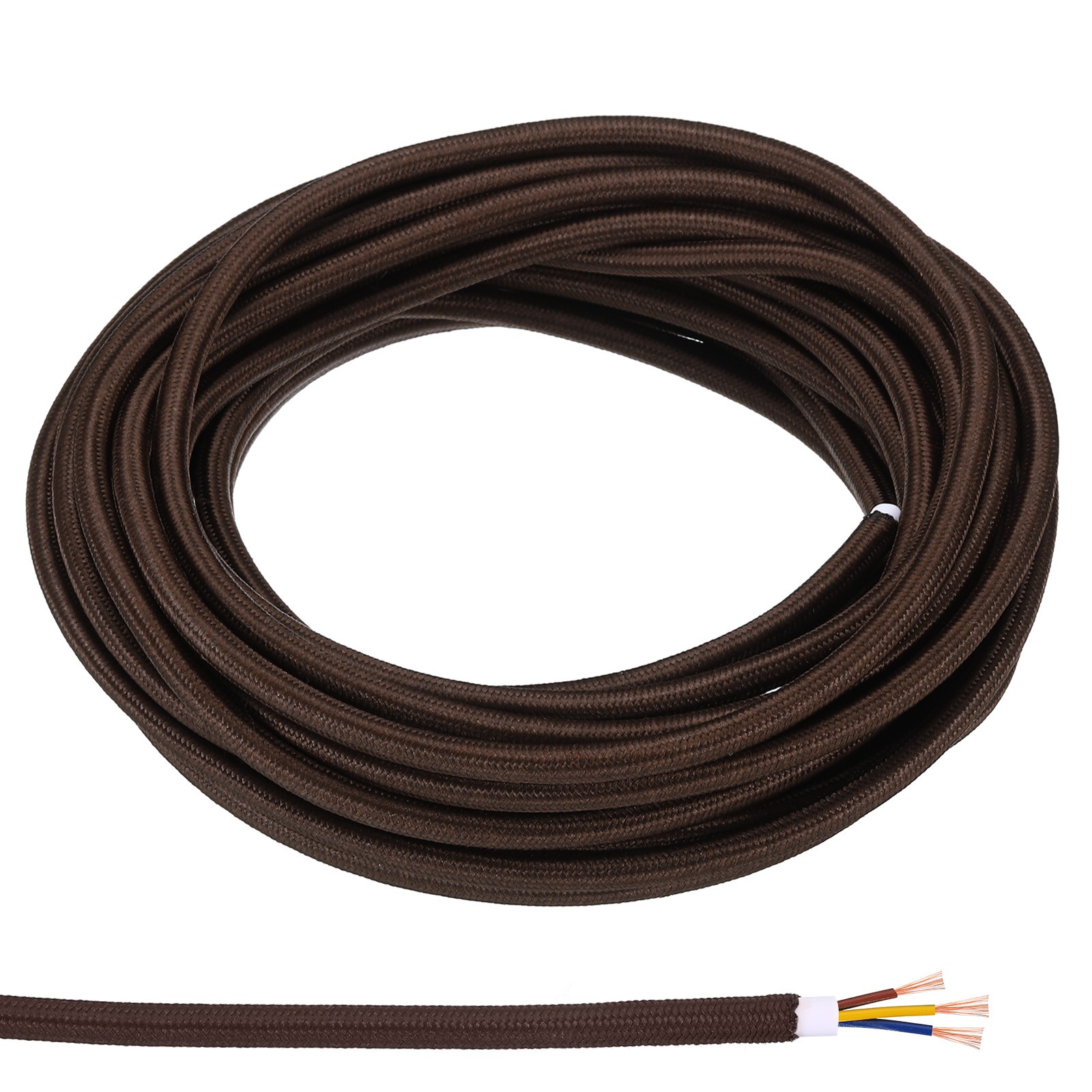 Fabric Cloth Covered Round Wire 32.8ft 18AWG 3 Core Vintage Woven Dark Brown