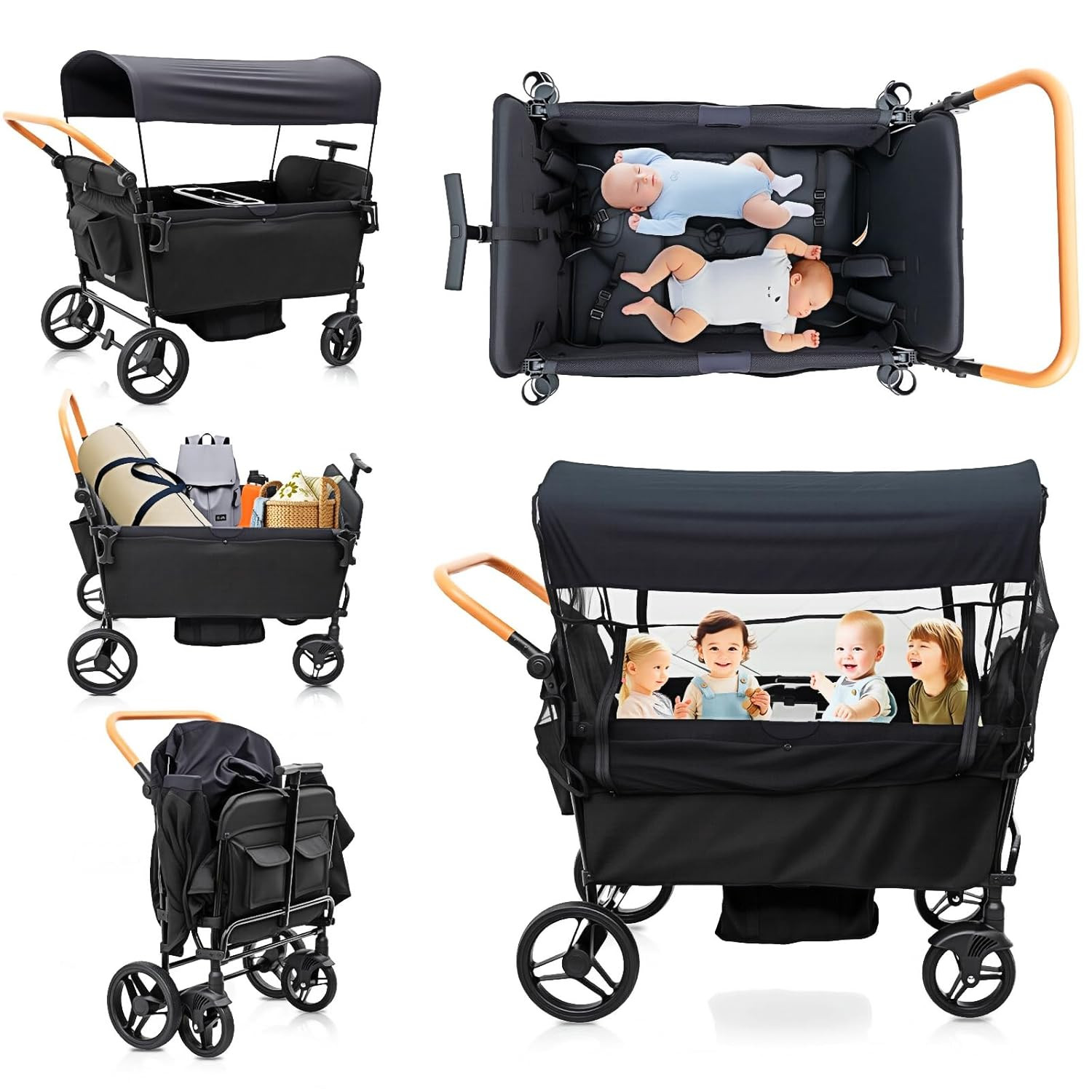 Stroller Wagon for 4 Kids Seated-Tandem Fold Stroller Push-Pull Lightweight Trav