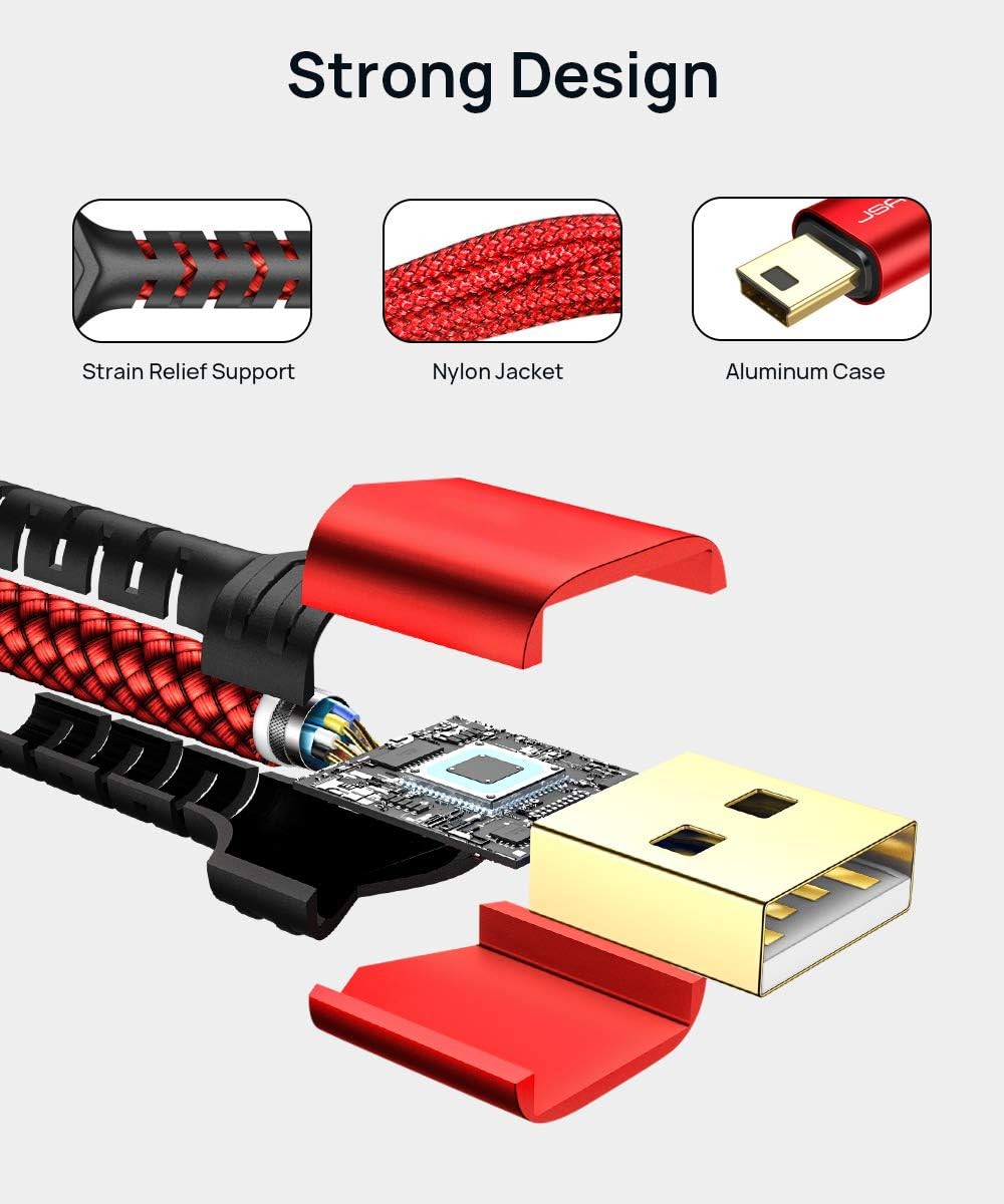 JSAUX Mini USB Cable[2-Pack 3.3ft+6.6ft], 2.0 Type A 3.3 ft + 6.6 ft, Red