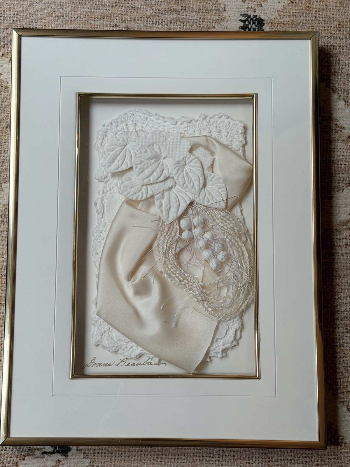 Donna Beaubien White Cream Satin Mixed Media Art
