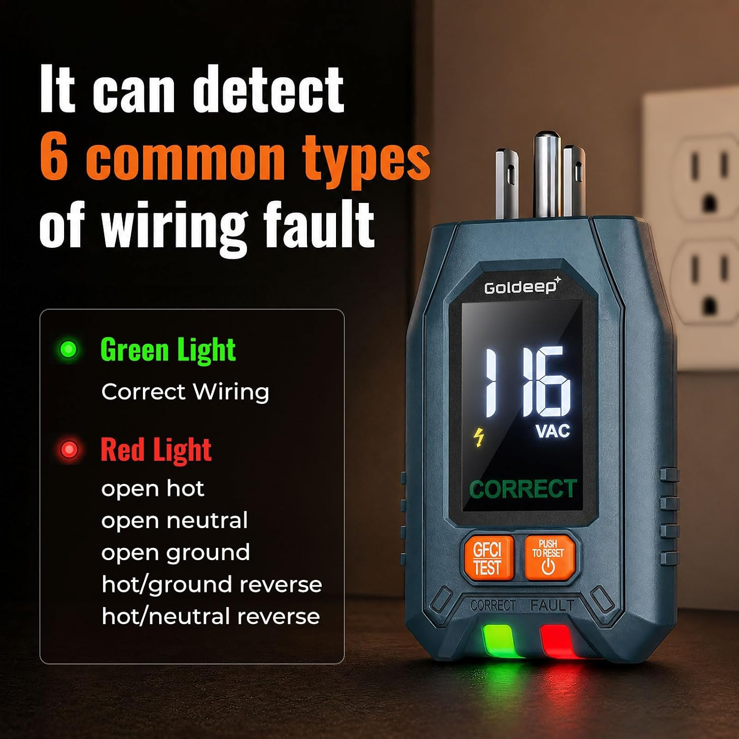 GFCI Outlet Tester for Socket Test Plug Checker for Grounding-Green | with LCD D