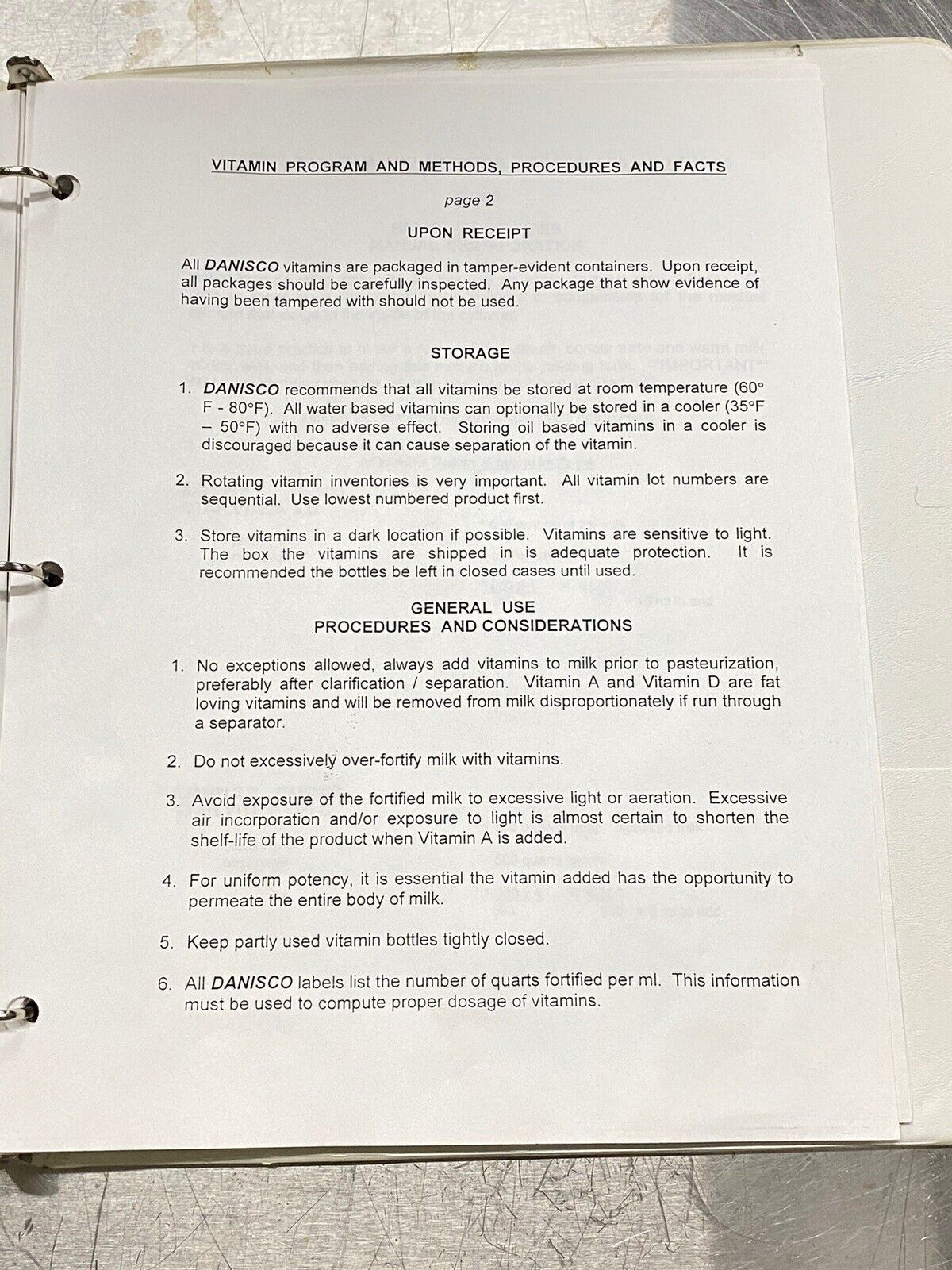 Tuskin Danisco Vitamin Program - Users Guide /Instruction Manual