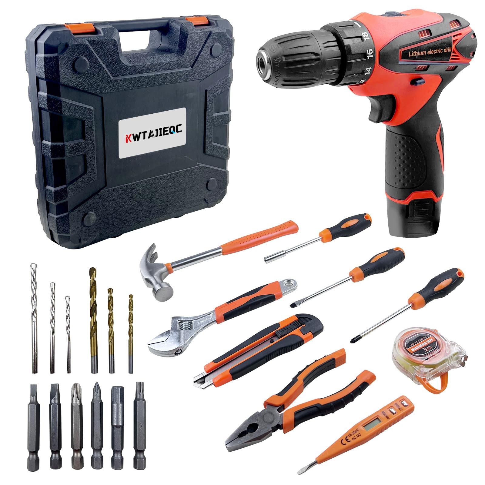 33 PCS 12V Cordless Hand Drill Orange Tool Kit With Box Home Repair Handyman