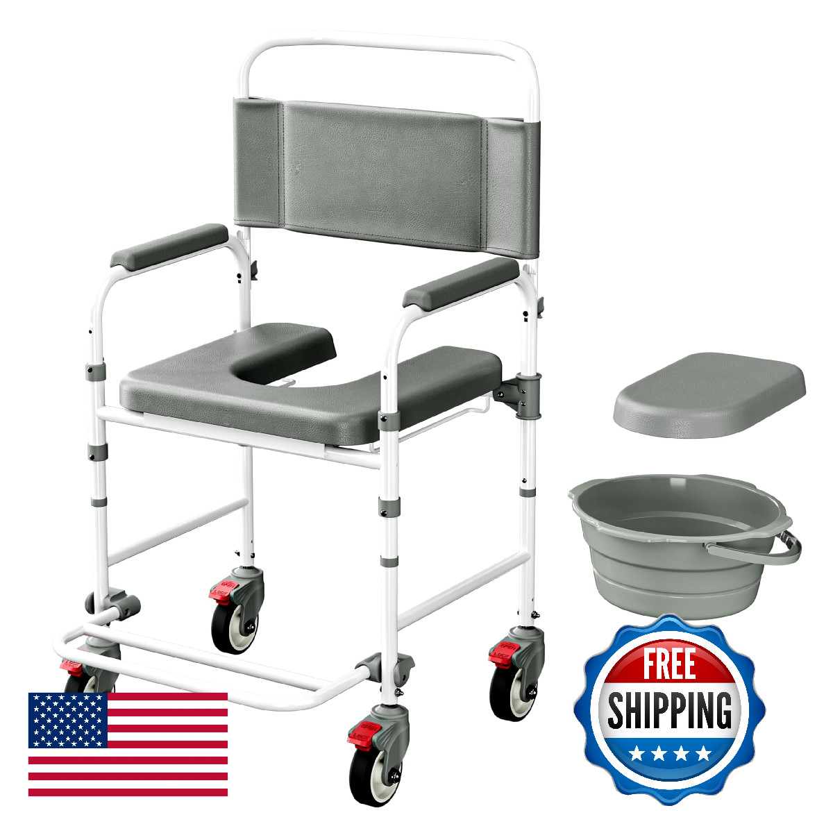 Littneo Bedside Commode with Wheels, Shower Wheelchair, 300 LBS Capacity, Portab