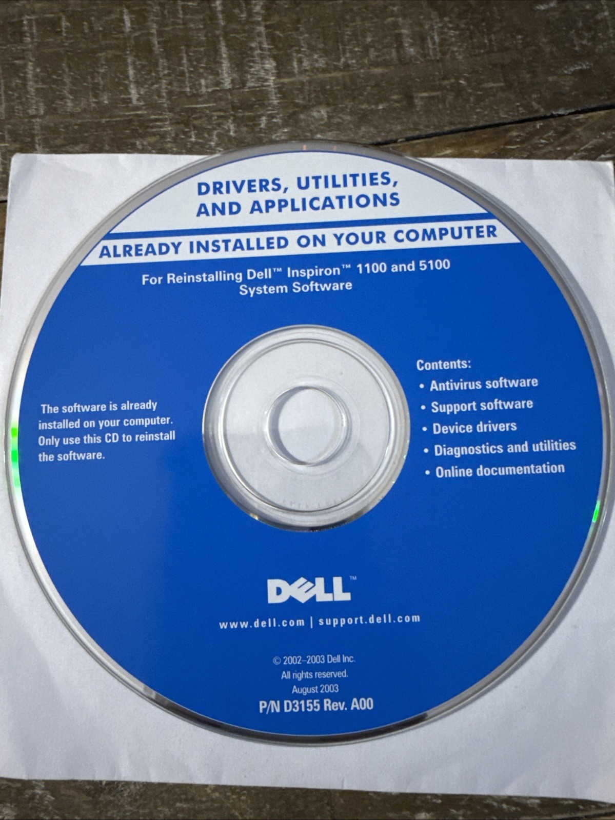 Dell Drivers & Utilities Inspiron 1100 & 5100 Software PC Cd Rom