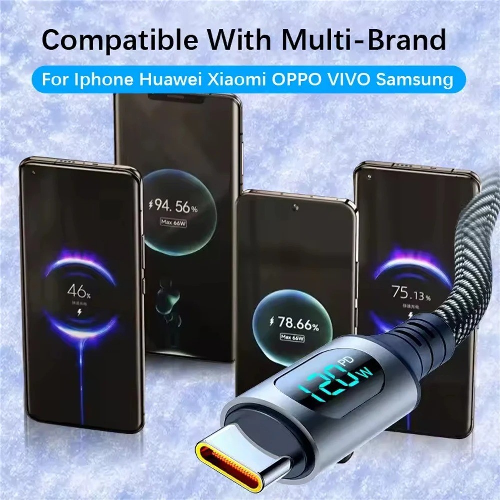 120W USB A to Type C Fast Charge Cable 6A Nylon Braided LED Display Cord