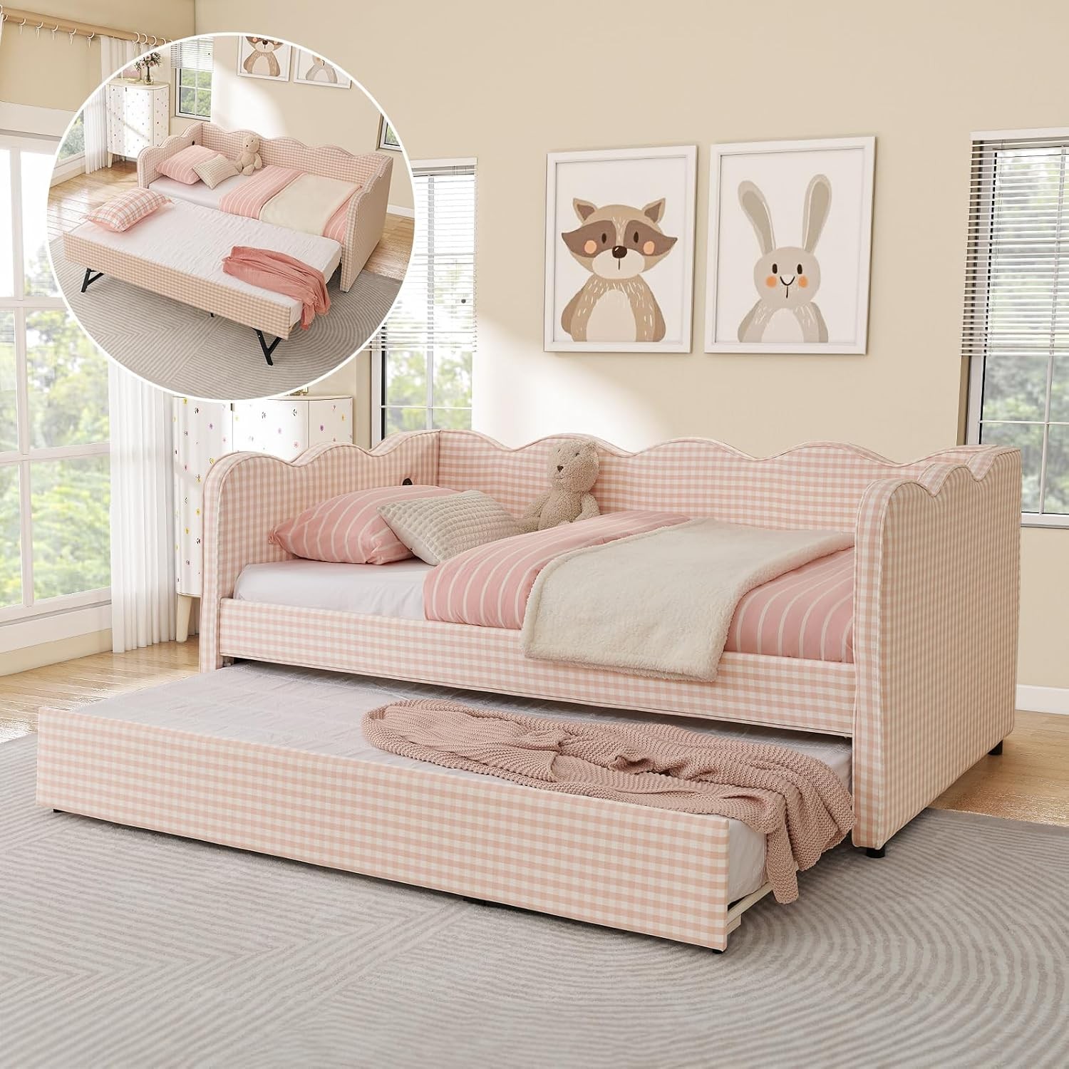 Twin Size Daybed with Pop Up Trundle Linen Gingham Twin to King Upholstered Kids