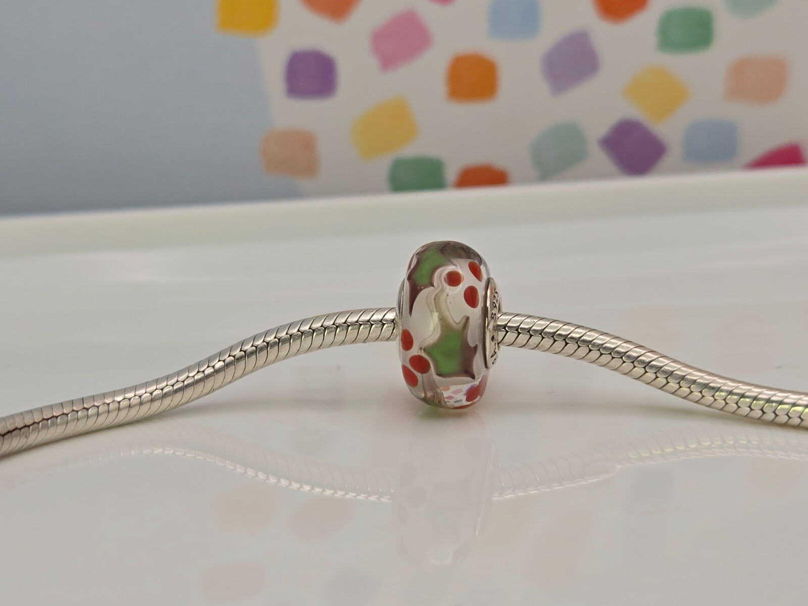 Authentic Pandora Holly Christmas Murano Glass silver moment Charm