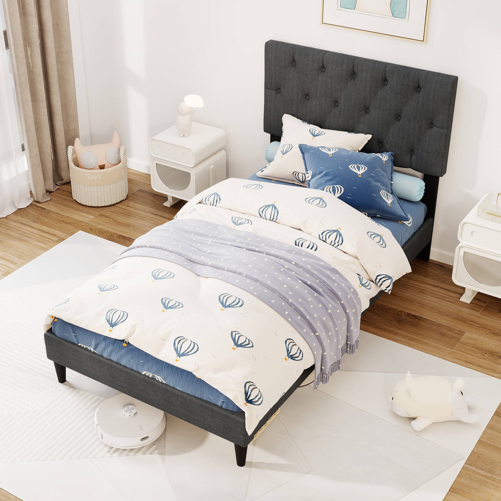 Twin Size Bed Frame w/ Button-Tu'ed Headboard & Wooden Slats Easy Assembly