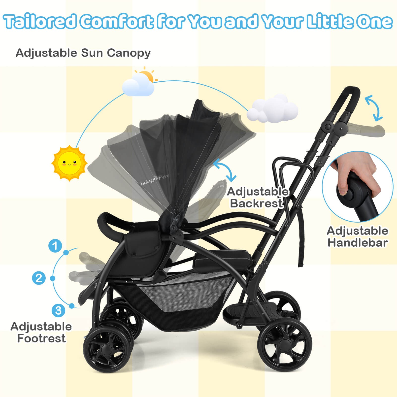 Sit & Stand Double Stroller w/Adjustable Handle Bar Backrests Footrest Canopies