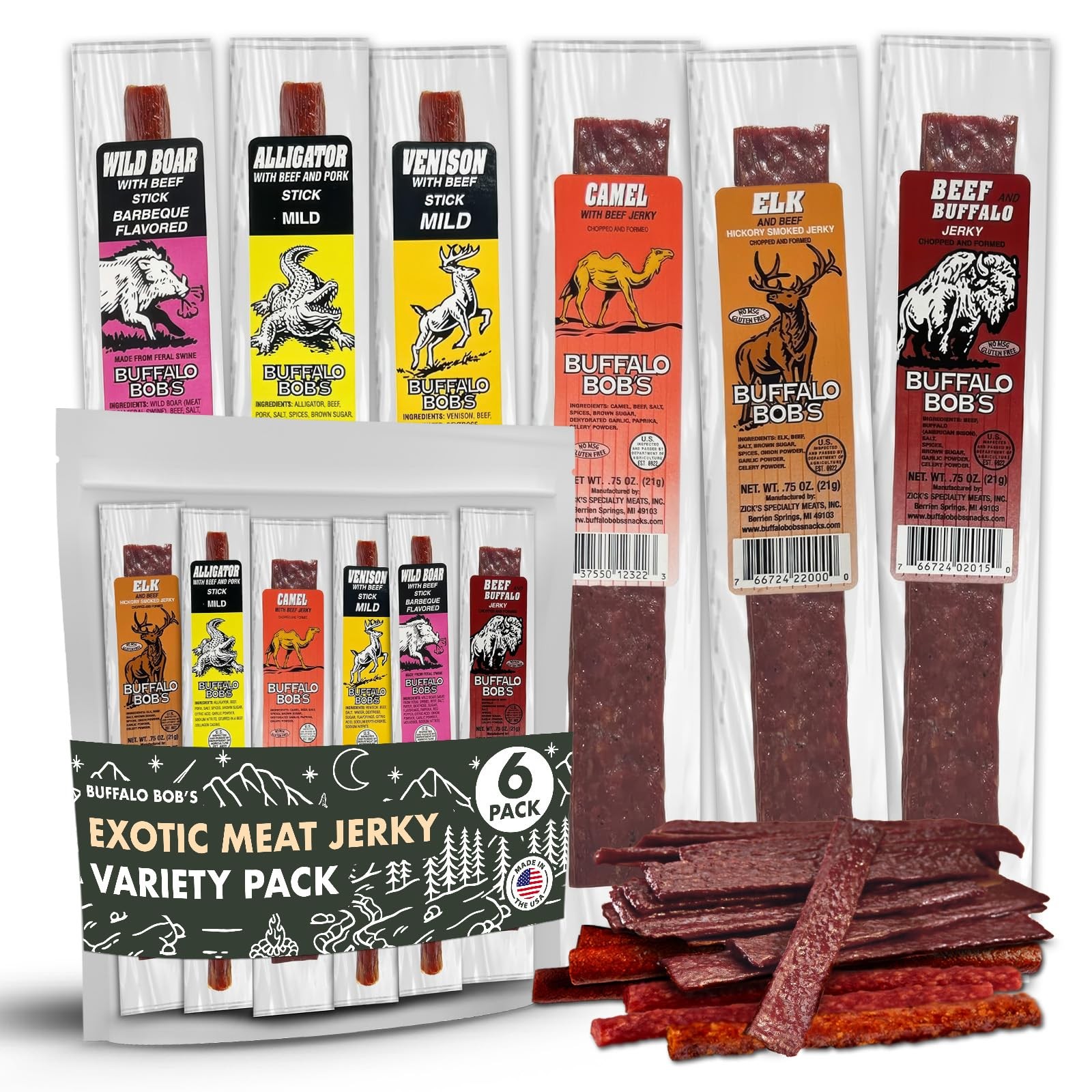 Buffalo Bob's Wild Game Meat Snacks (6 Pack) | Exotic Jerky Sampler | Beef Je...
