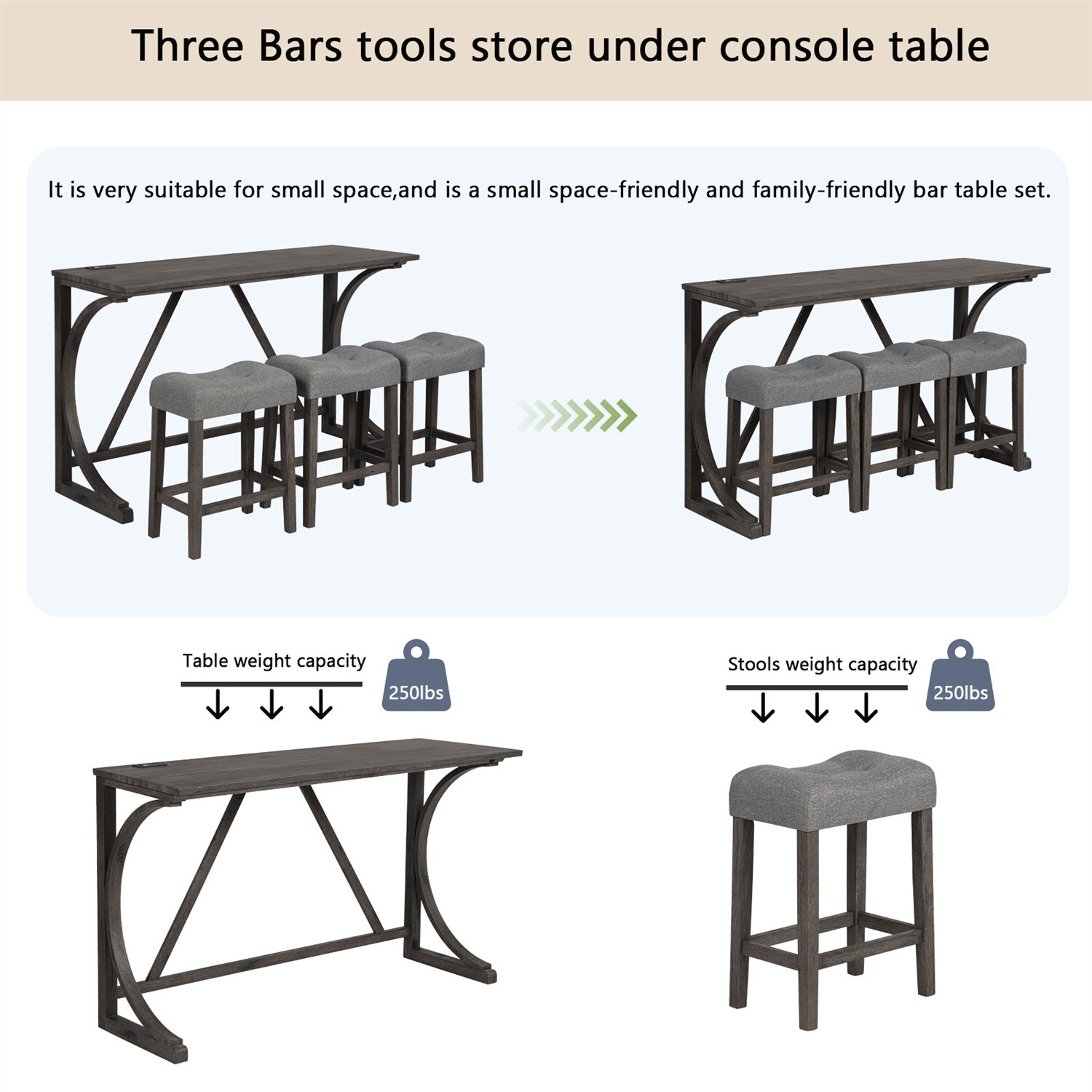 4 Piece Bar Table Set Counter Height Kitchen Dining Table w/ 3 Upholstered Stool