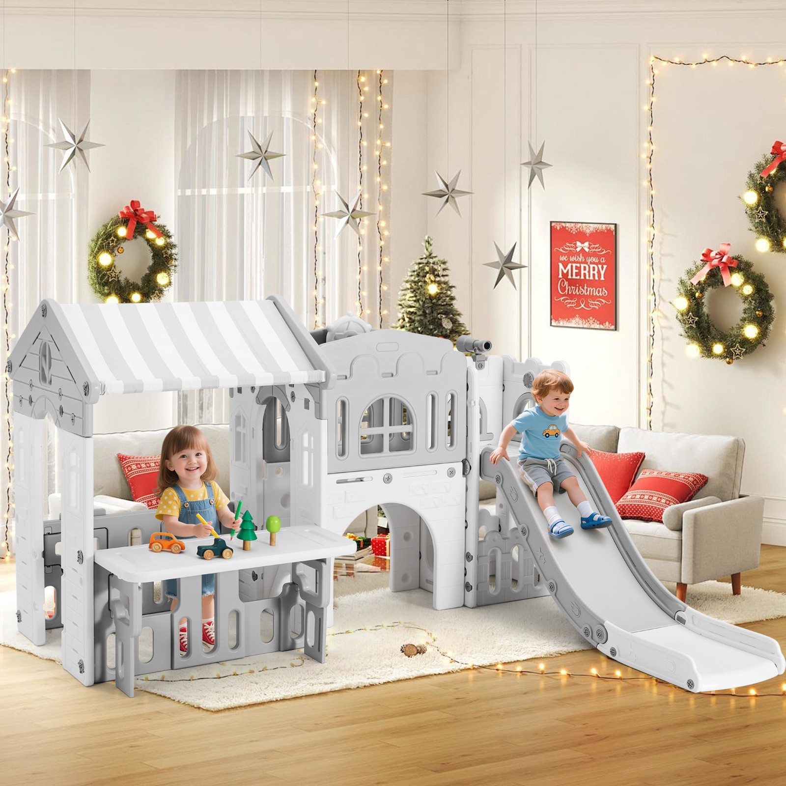 9IN1 Toddler Slide Playset with Playhouse Climb Playground Indoor Outdoor Toys