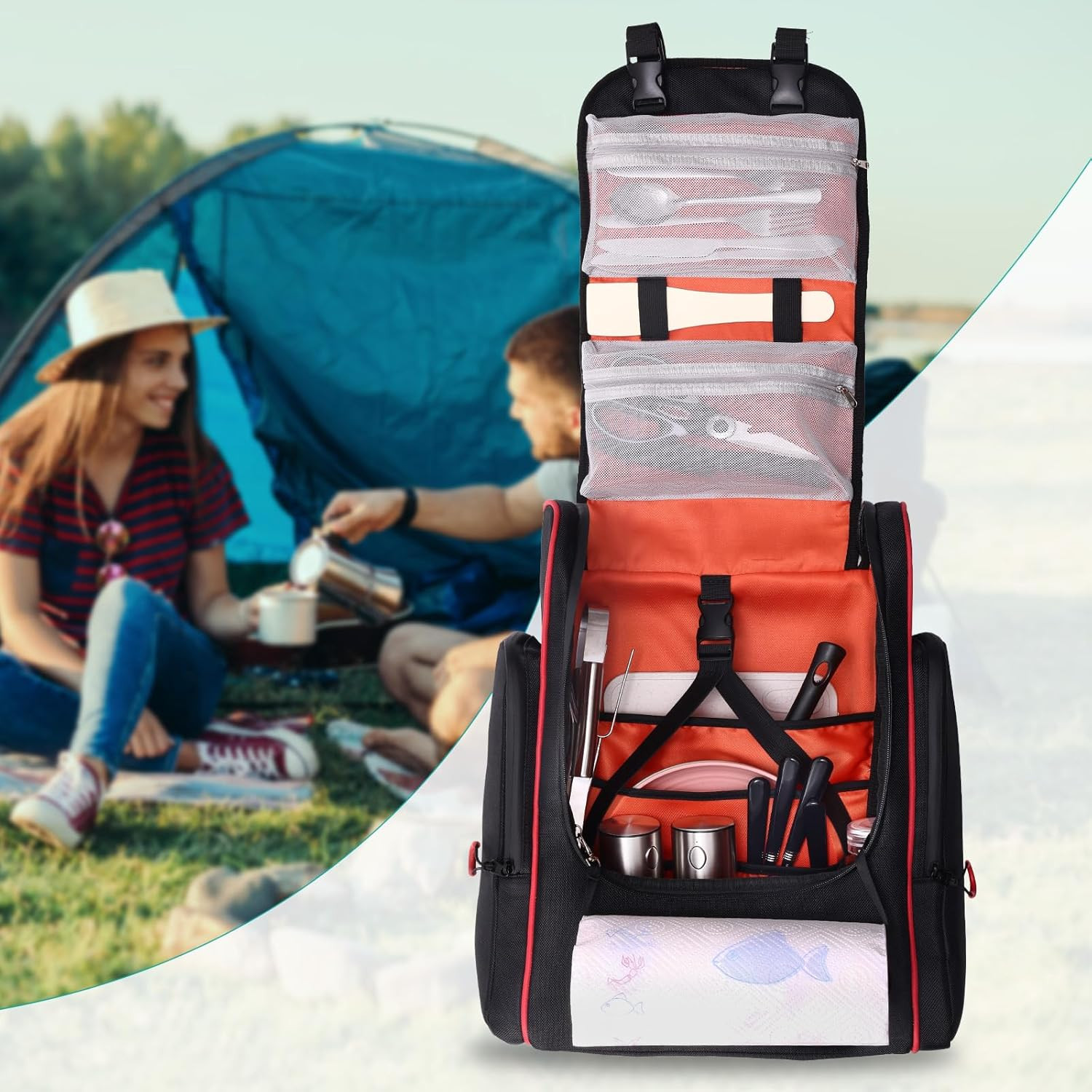 Camping Organizer for Outdoor Kitchen Storage, Large Hanging Cookware Backpack w