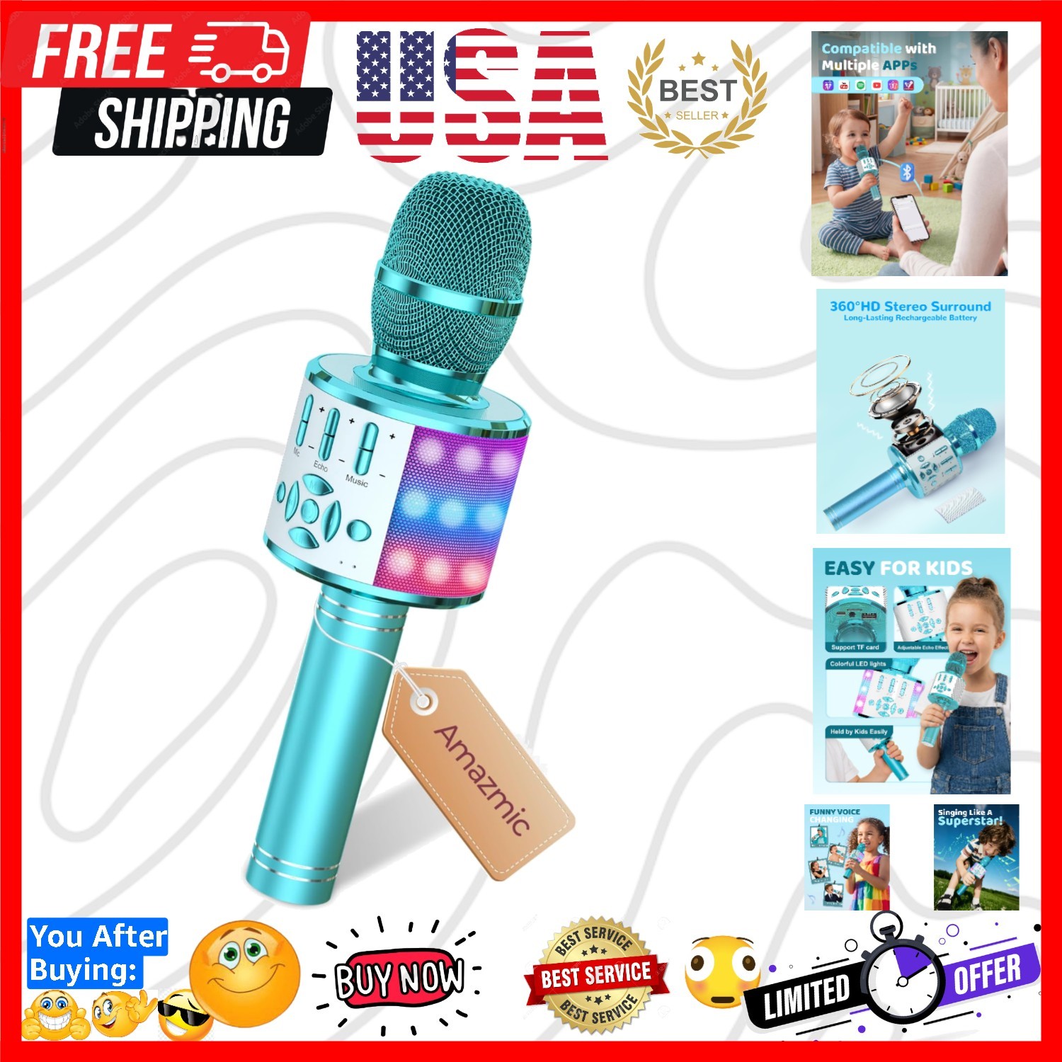 Kids Karaoke Microphone Machine Toys for Girls Bluetooth Microphone with LED ...