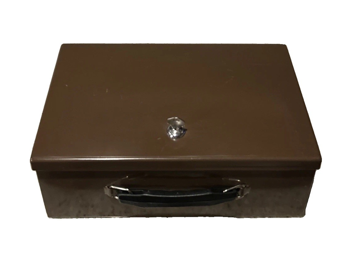 VTG Rockaway Dark Brown Lock Box (Fire Resistant?) W/Key~ Made USA 12” x 8” x 4”