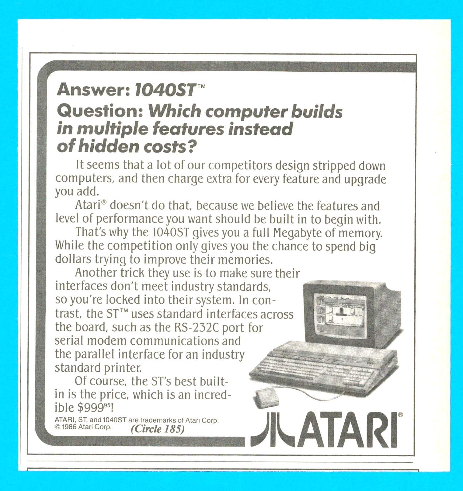 Atari computer system advertisements early vintage PC 3 separate ads 1986 video