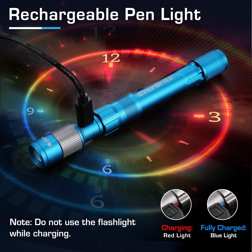 EverBrite Pen Light Rechargeable LED Pen Flashlight 300LM Zoomable w/USB-C Cable