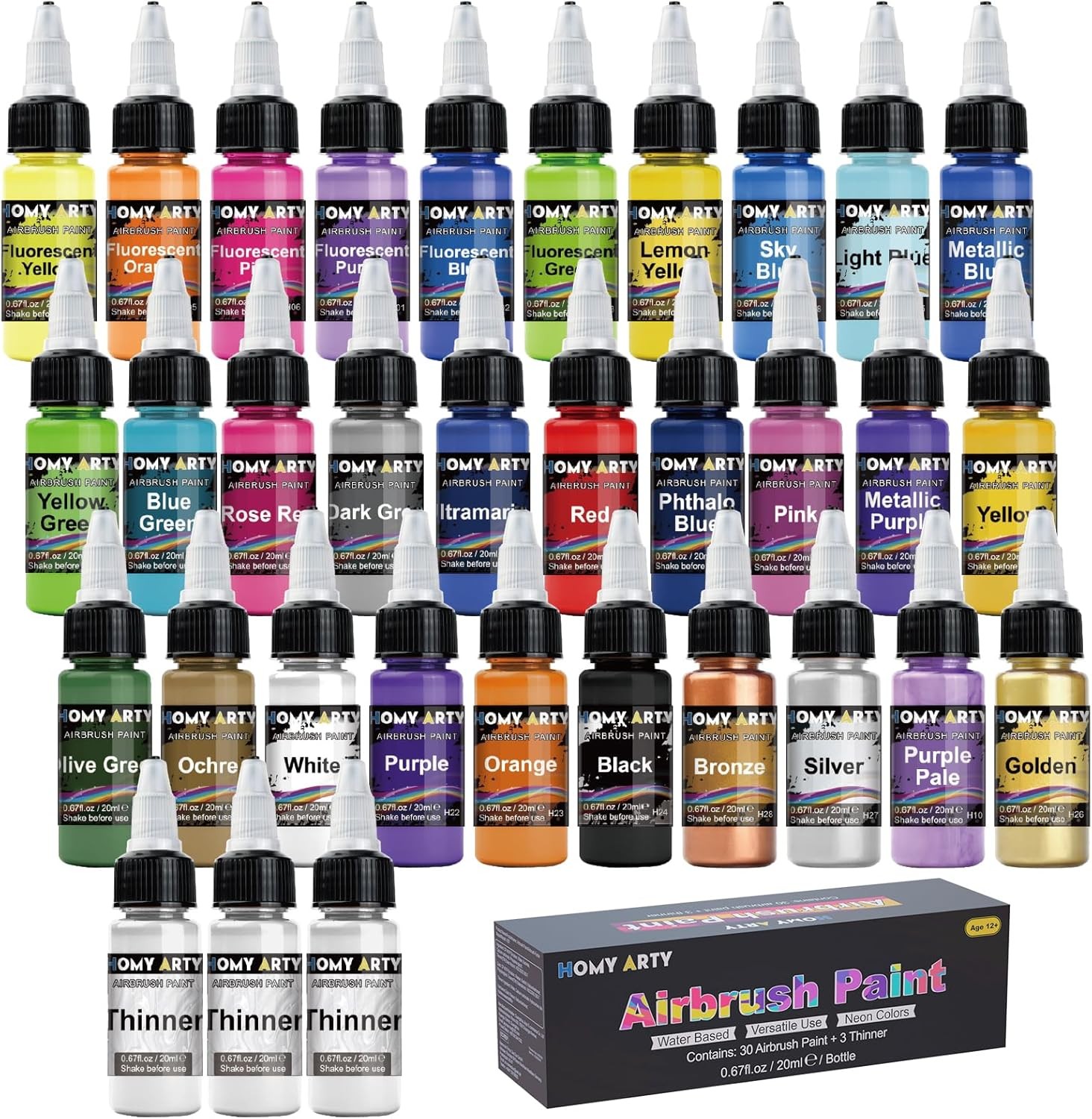 Airbrush Paint - 30 Colors with 3 Thinner, Ready to Spray Airbrush Paint Set,