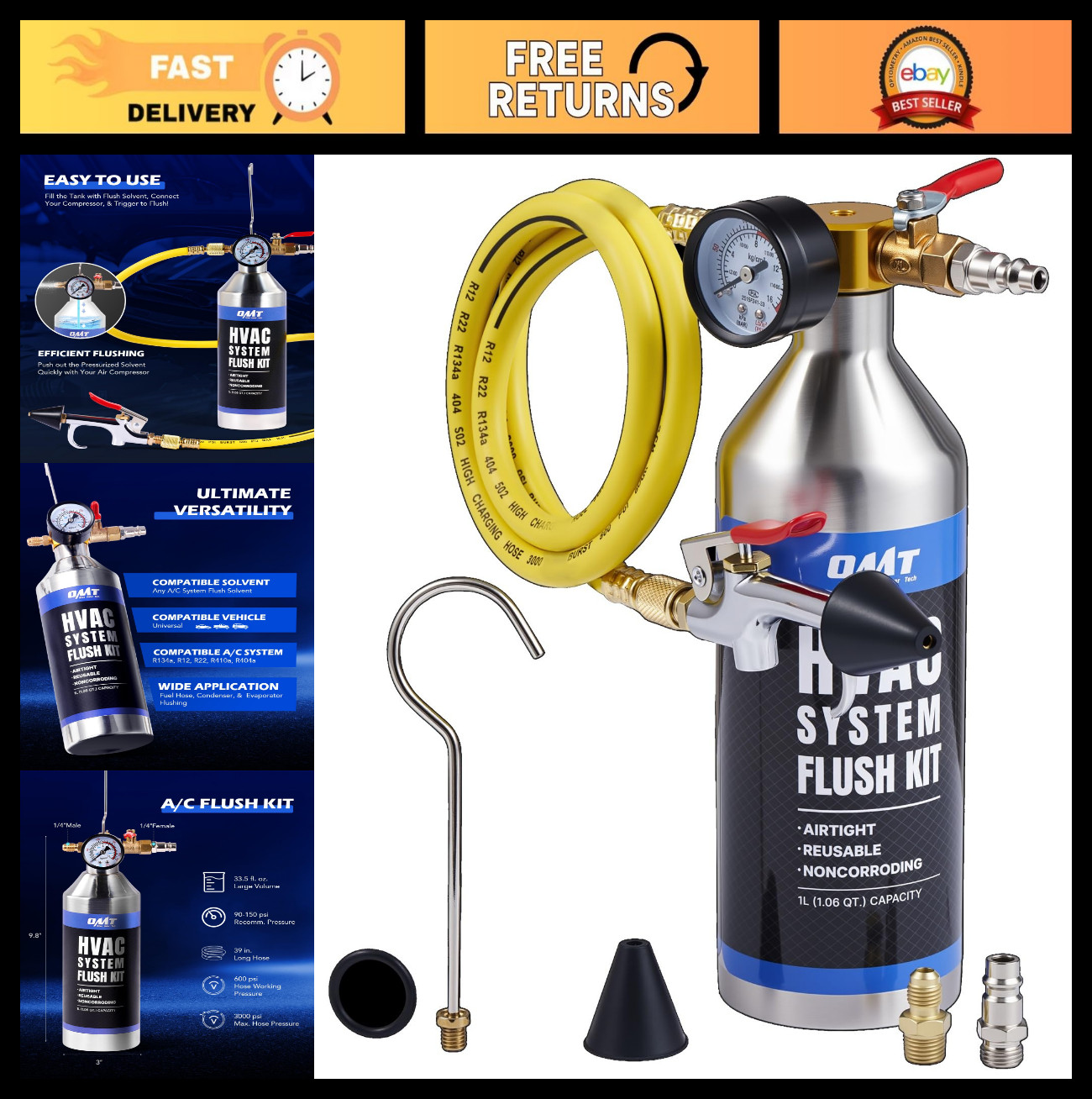 AC Flush Kit - HVAC Tool Set with 33.5 oz Stainless Steel Tank, R134a R12 R22 R4