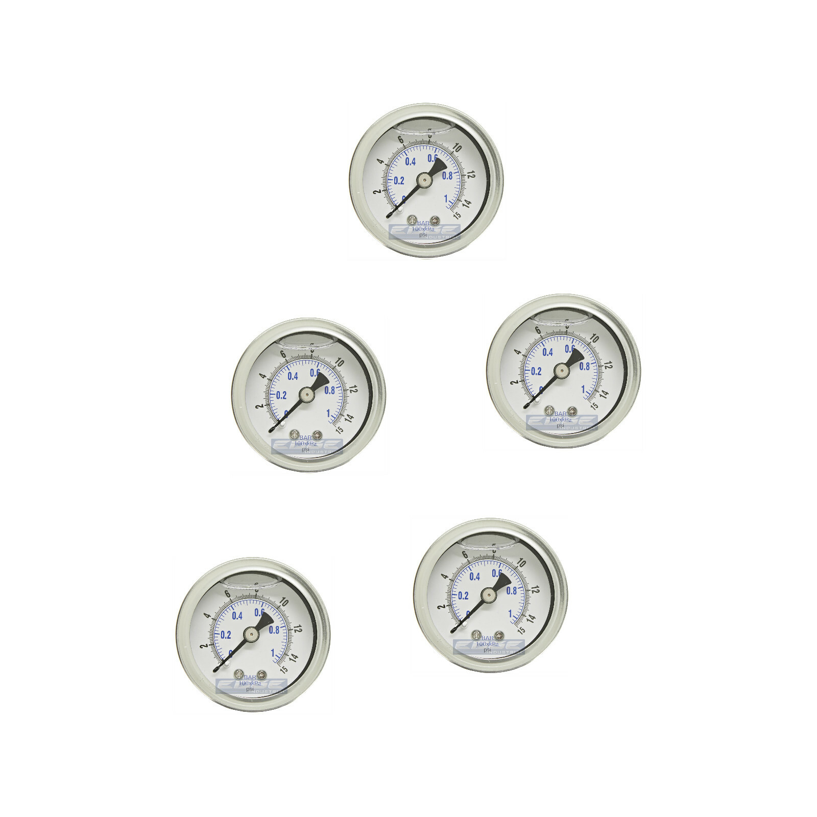 5 PACK LIQUID FILLED PRESSURE GAUGE 0-15 PSI, 1.5" FACE, 1/8" NPT BACK MOUNT