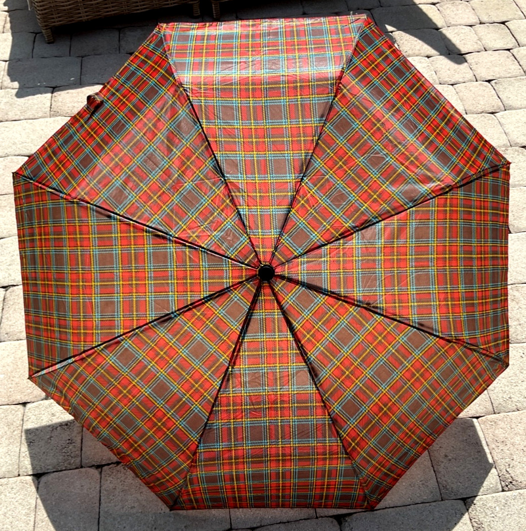 RAIN GEAR UNISEX UMBRELLA RED PLAID AUTO OPEN CLOSE  NWT