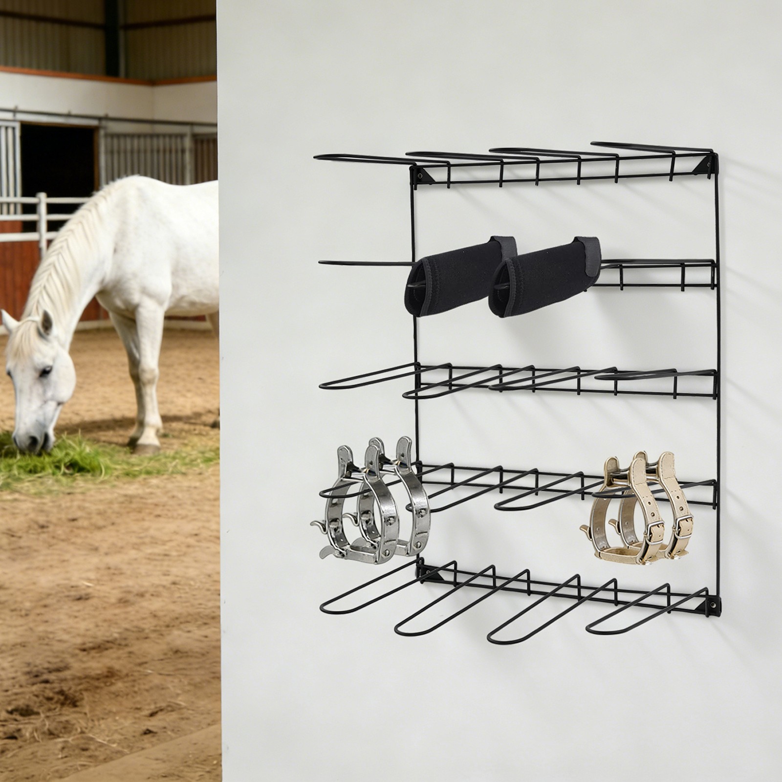 Wall-Mounted Stable Tack & Tool Storage Rack w/ 5-Tier Hook Design(Black)