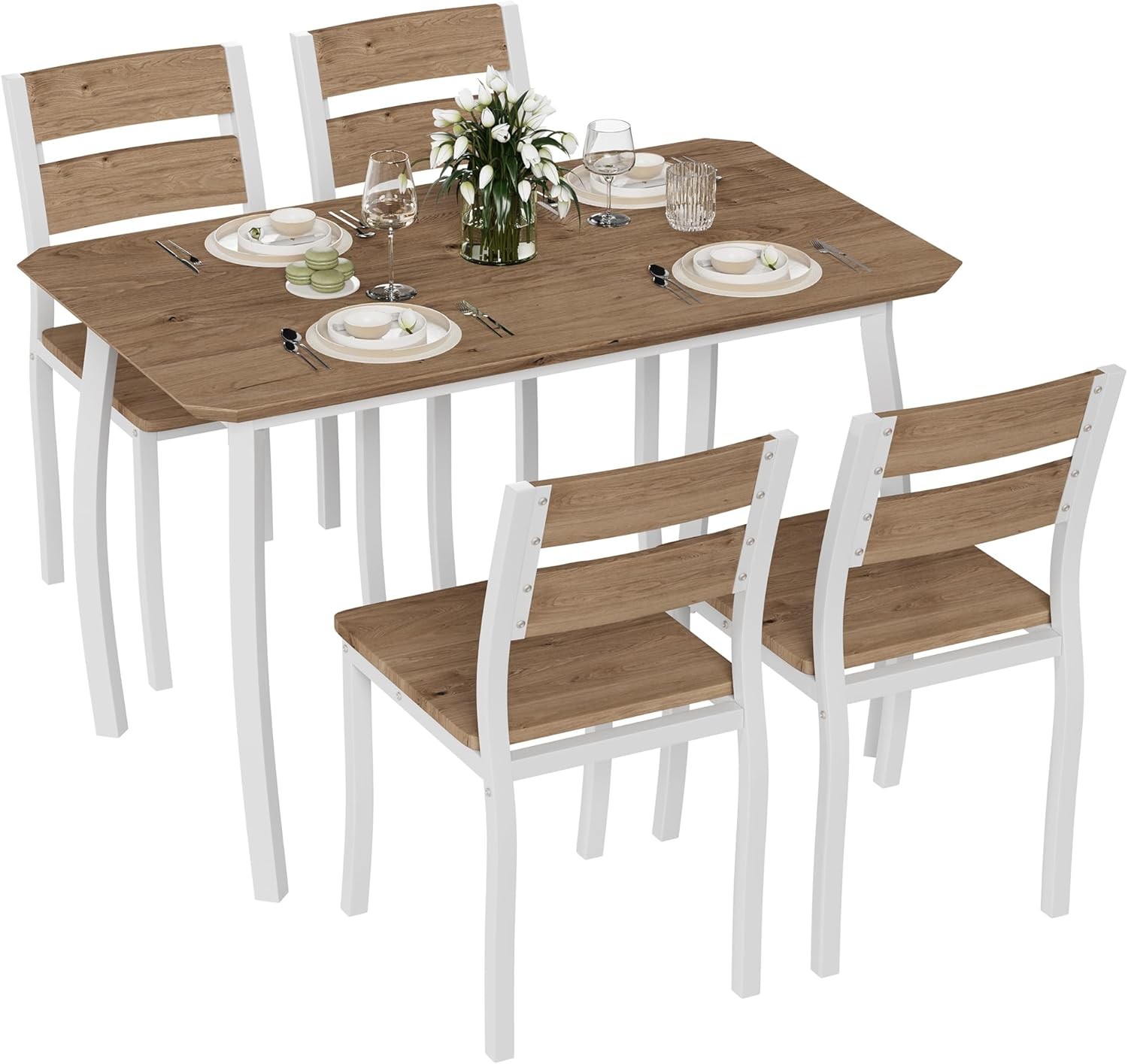 5PCS Dining Table Modern Metal & Wood Dining Room Table Set with Wood Seats