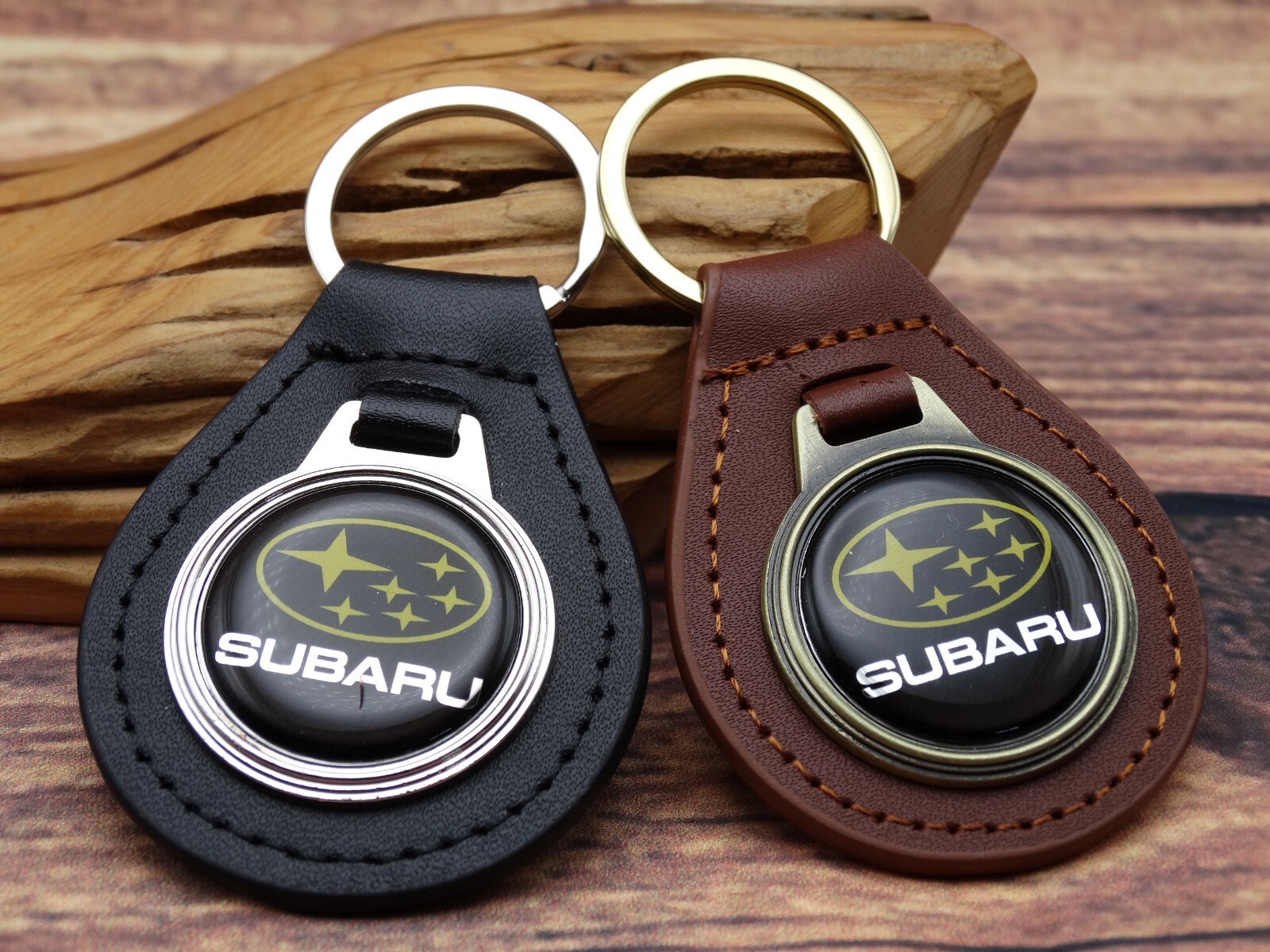 NEW RARE VINTAGE BLACK SUBARU CAR GENUINE LEATHER KEY FOB CHAIN RING Automotive