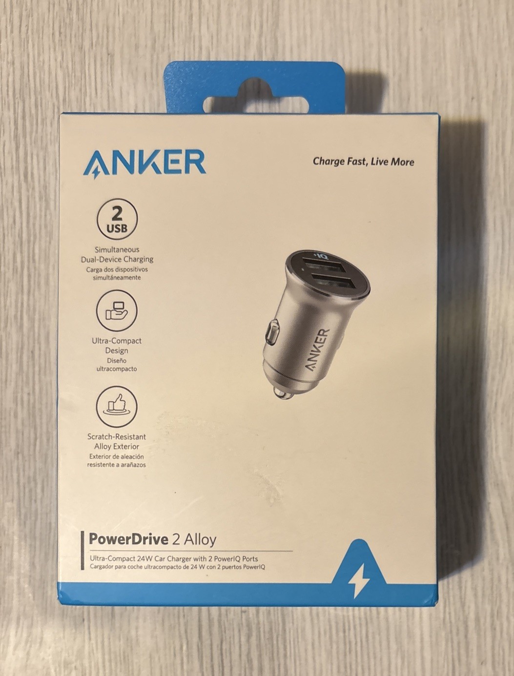 Anker 76625608 PowerDrive 2 Alloy Car Charger, 24W, With 2 PowerIQ Ports Silver
