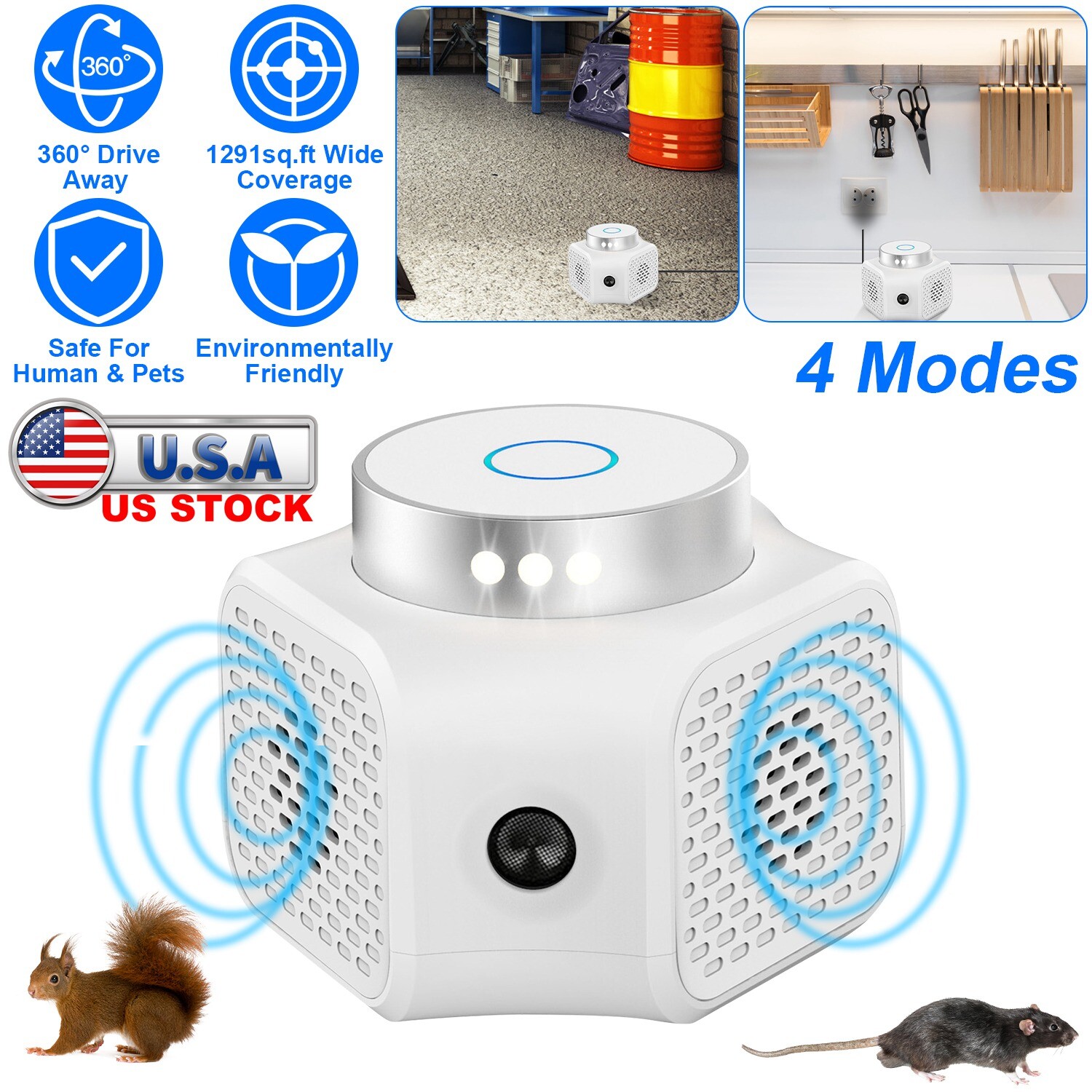 360° Ultrasonic Mouse Repellent Squirrel Repeller Rat Rodent LED Strobe Light