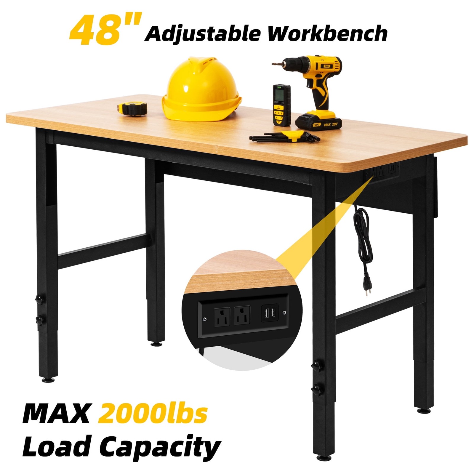 Steelite Adjustable Workbench 48"L X 24"W Hardwood Top Worktable w/Power Outlet