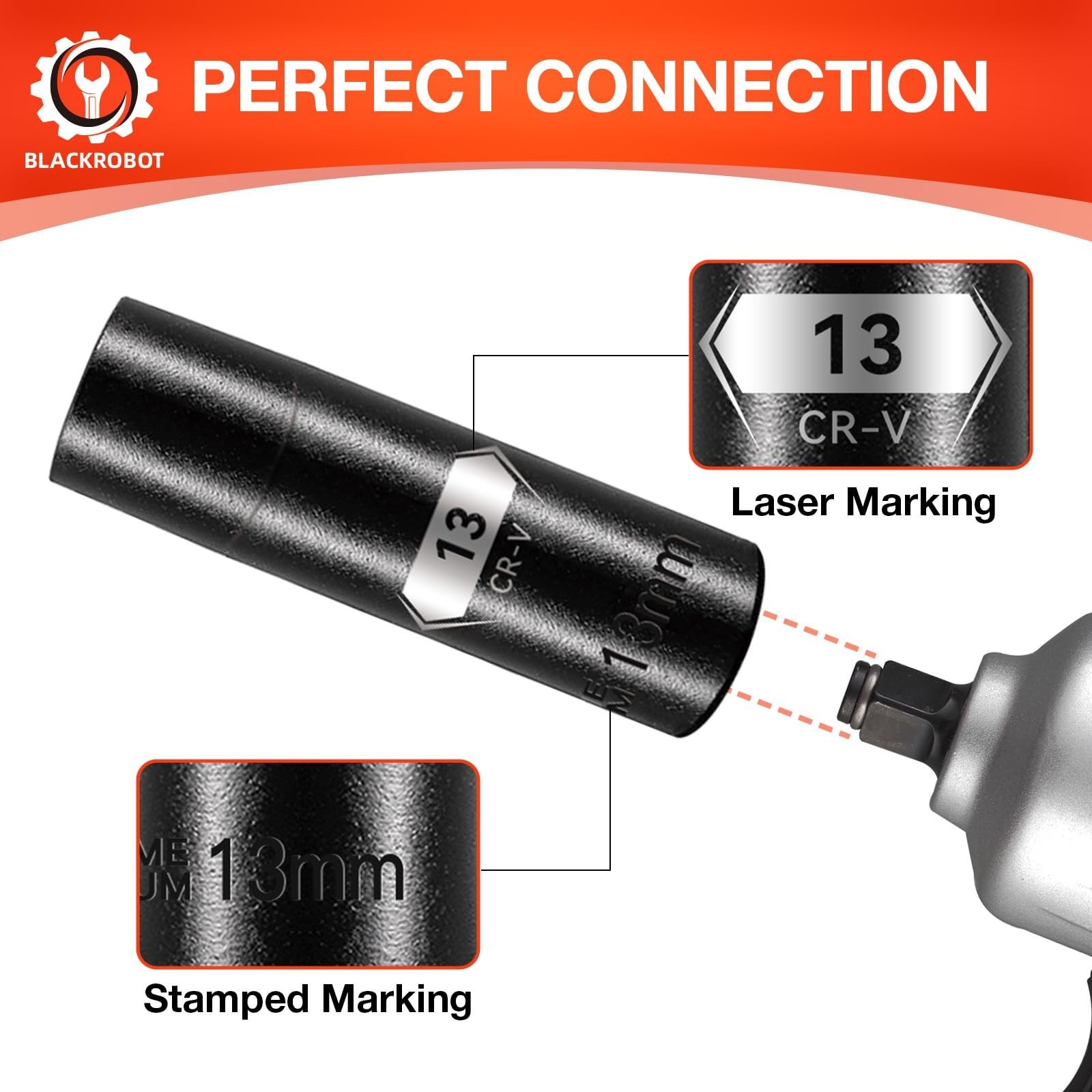 BLACKROBOT 1/2 Inch Drive 6-Point Deep Socket, 13mm Deep Impact Socket, CR-V ...