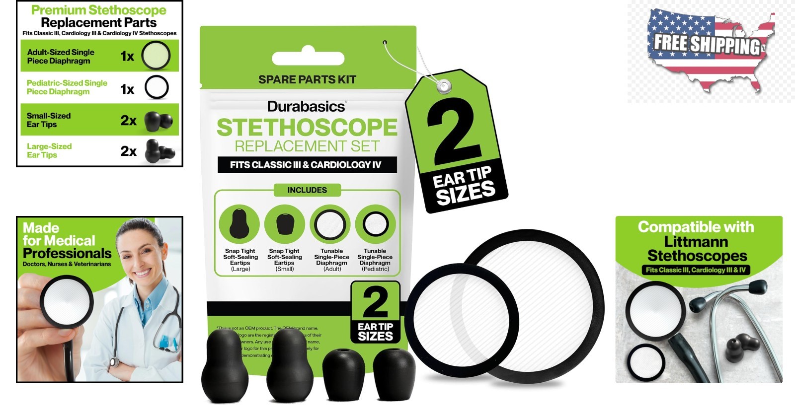 Parts Set for Littmann Classic III & Cardiology III Stethoscopes - Black