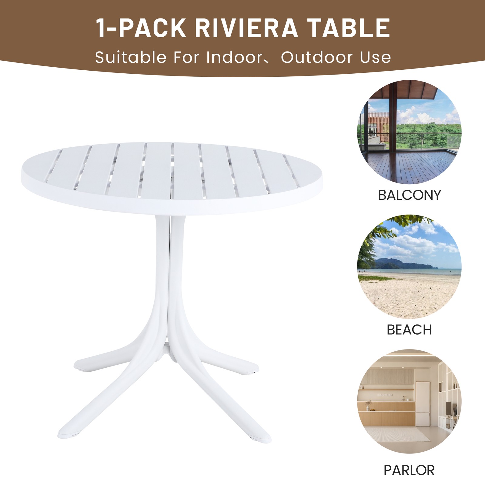 White Round Polypropylene Dining Table 36" Indoor/Outdoor 220 lbs Capacity
