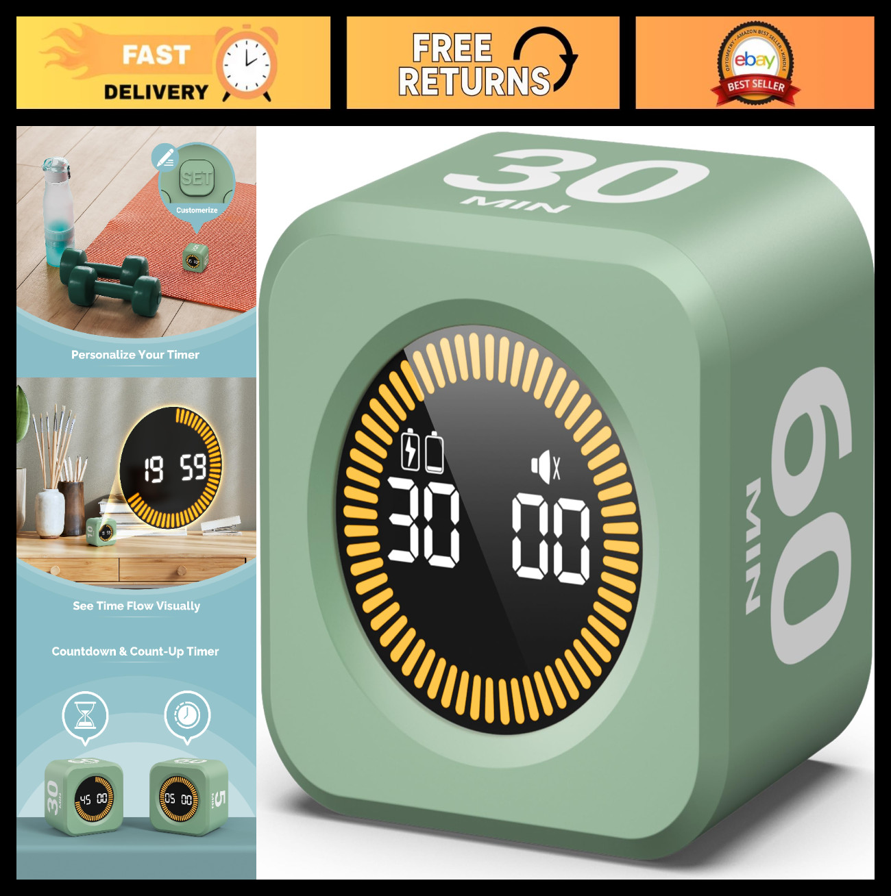 Visual Cube Pomodoro Timer - LED Countdown, Silent Flip, 5/10/30/60 Min Presets