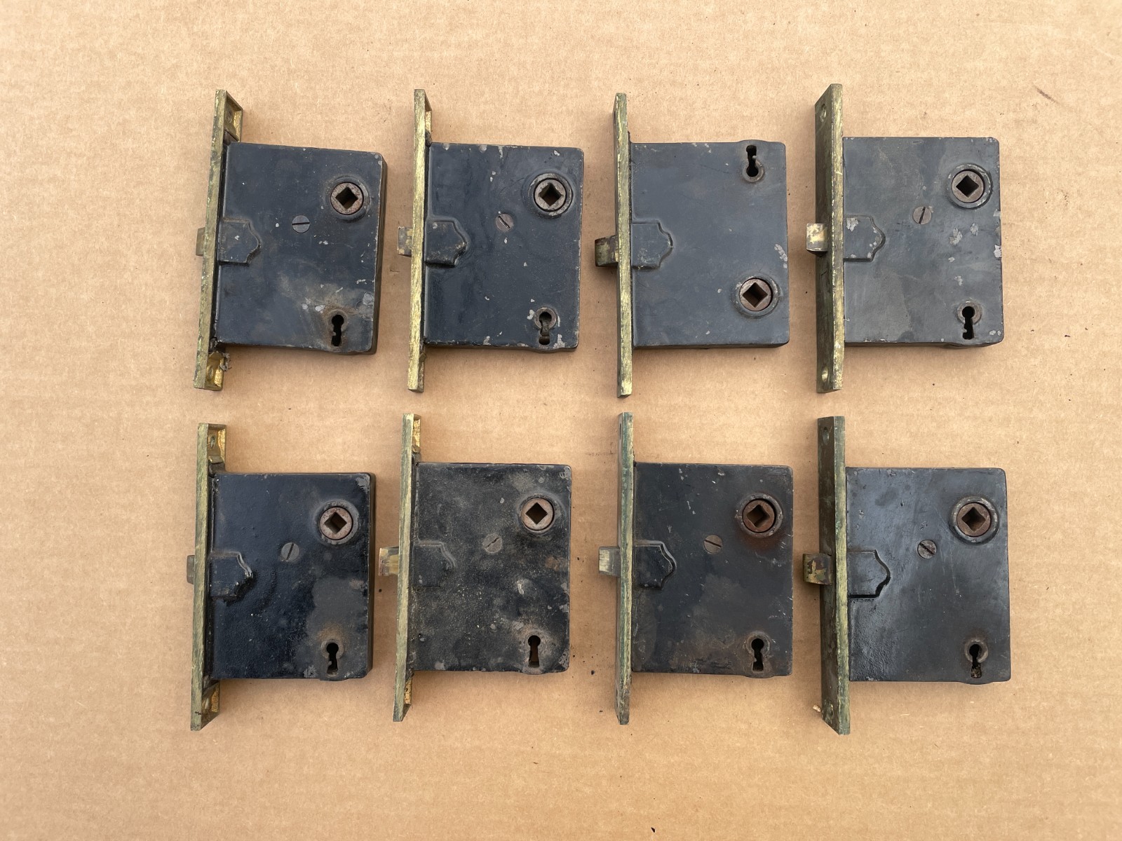 OUTSTANDING Lot (8) Antique Matched Mortise DOOR LOCKS LOCKSET Brass Faceplates