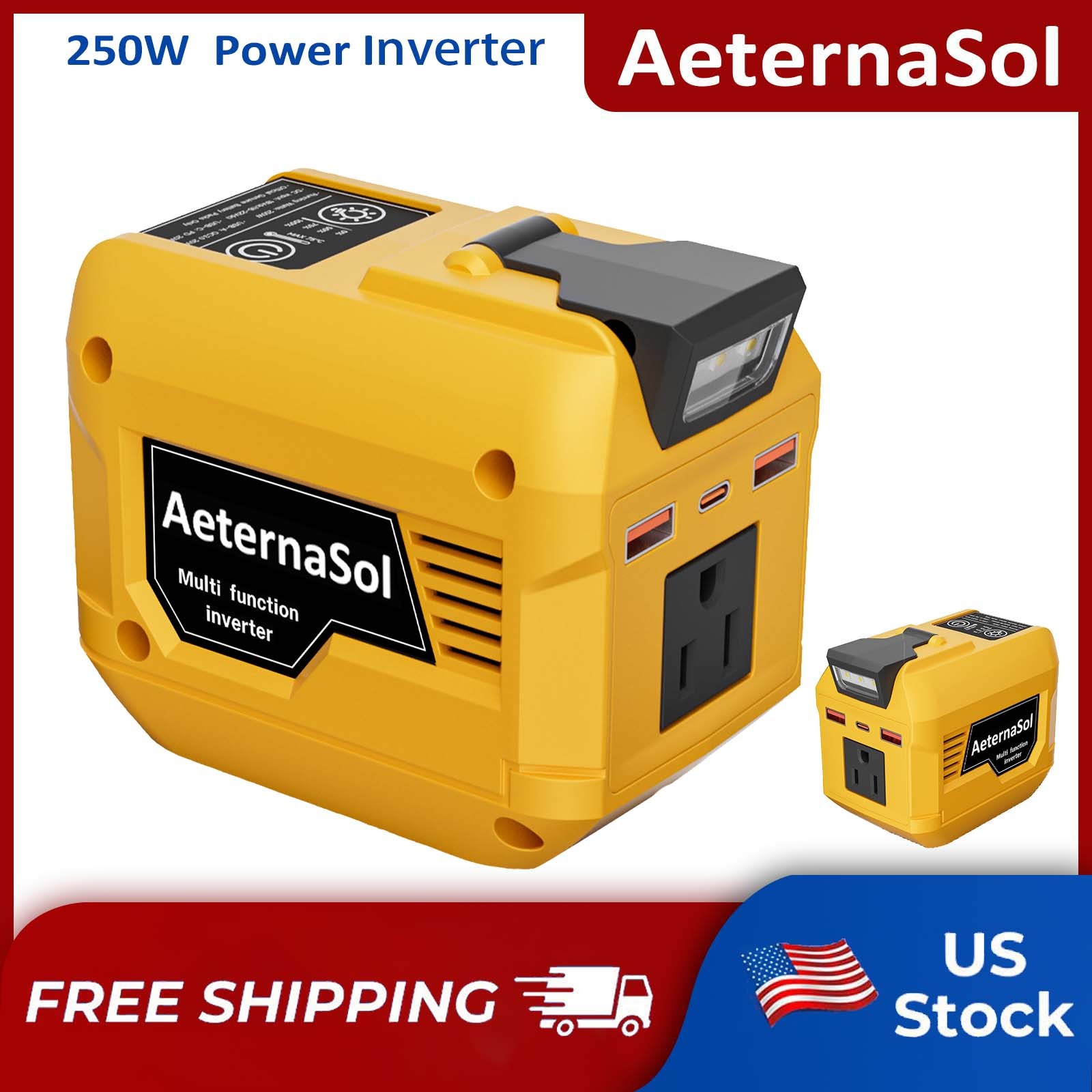AeternaSol 250W Power Inverter for Dewalt 20V Battery 110V Outlet USB Camping