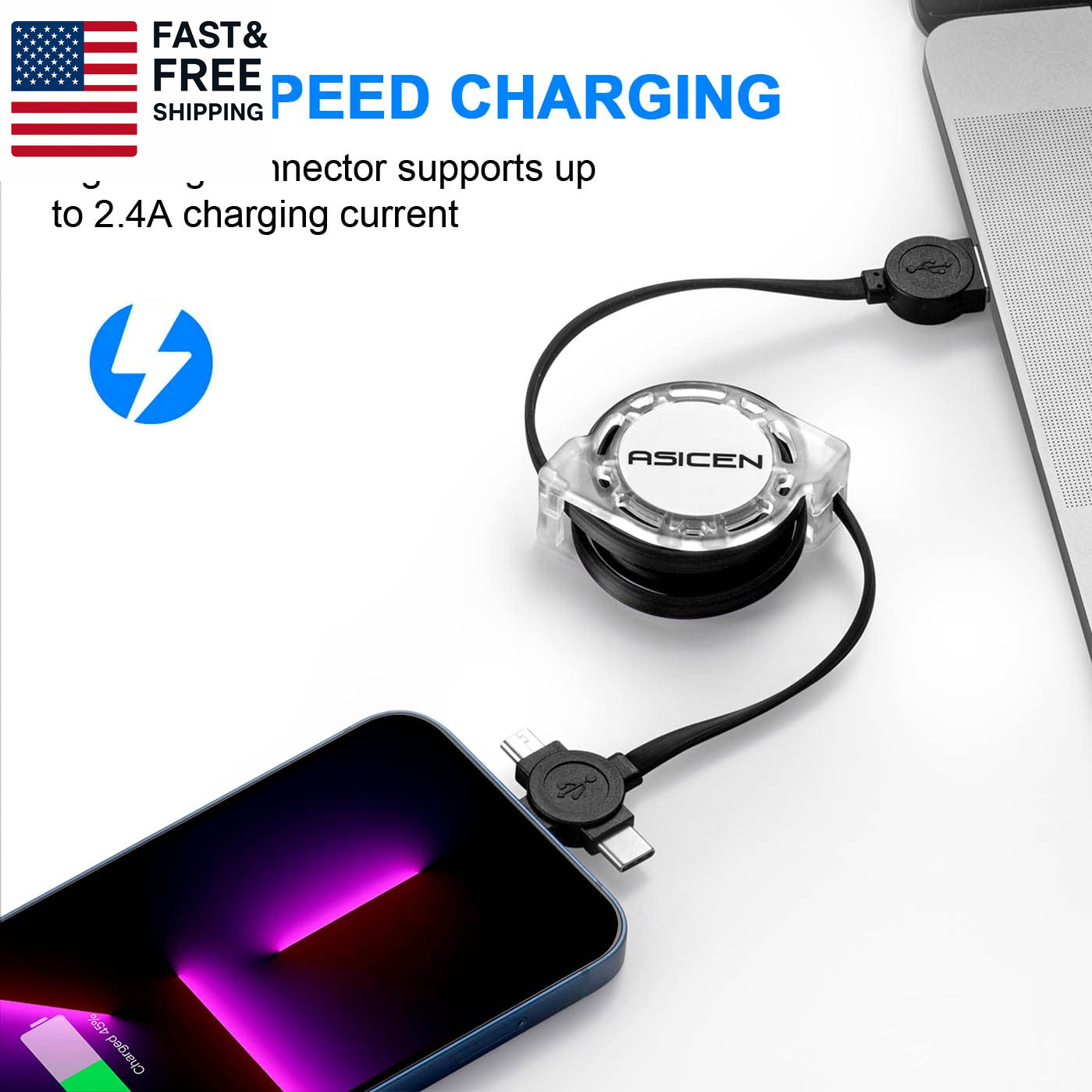 2Pack Multi Charging Cable, 3 in 1 Retractable Multiple Charger Cable, Fast Char