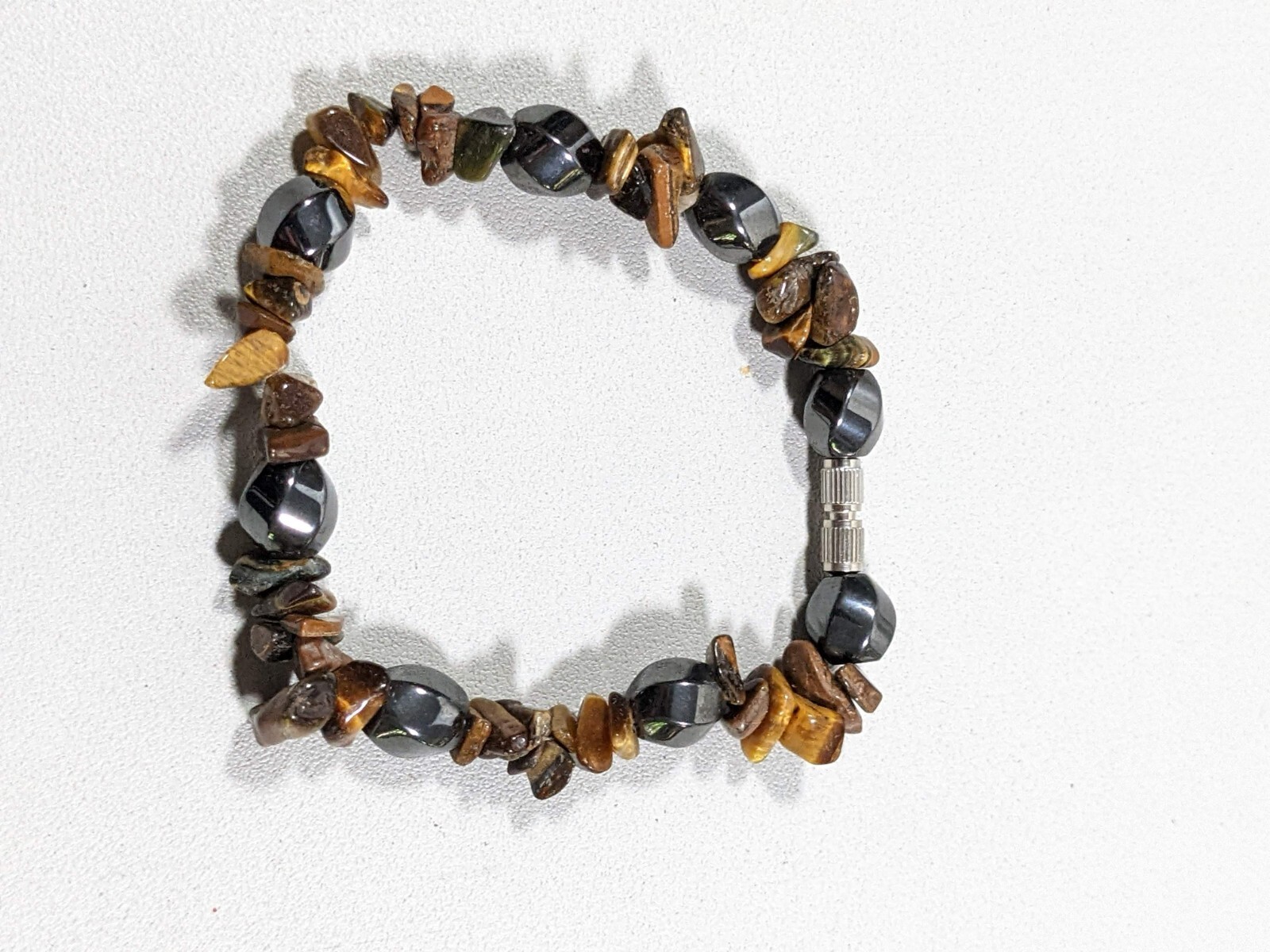 Artisan Brown Tigers eye Stone Chip Gray Hematite Bead Bracelet 7 inches