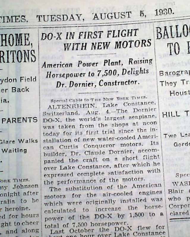 DORNIER DO X Flying Boat Airplane 1st Flight w/ Upgraded Engines  1930 Newspaper