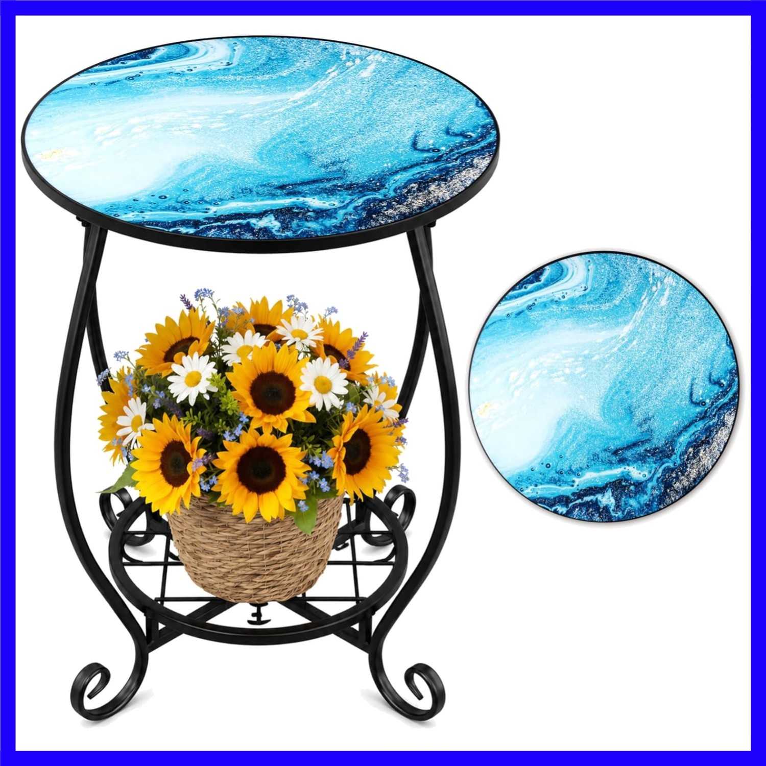 Outdoor Side Table - Double Layer Round Small Marble Pattern Patio Accent, 14...