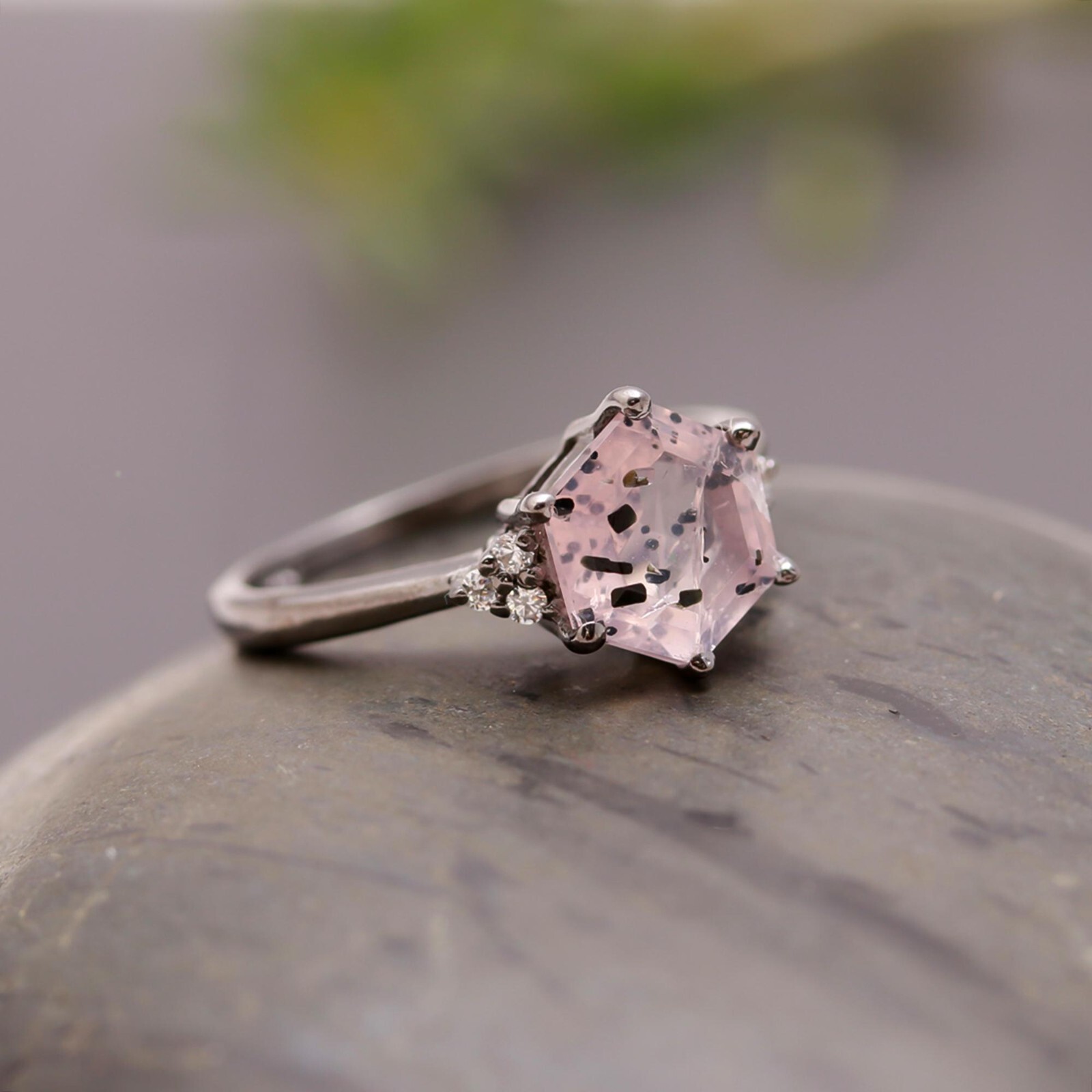 Natural Pink Dot Quartz Hexagon Shape Ring Solid Silver Black Oxidized Jewelry