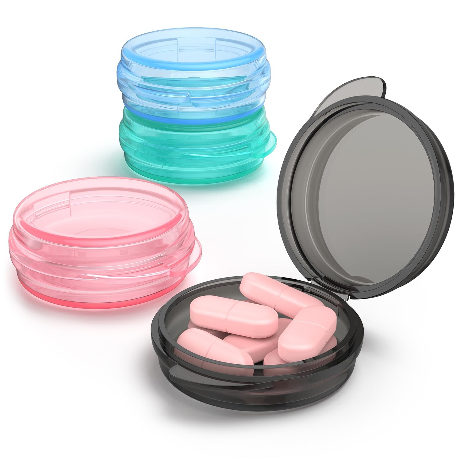 Urekt Small Pill Box, (4 Pack) Travel Case 4 Pack, Black Pink Blue Green