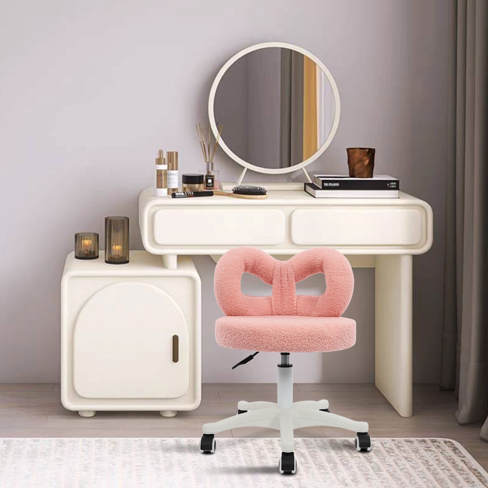 Vanity Chair with Cute Bow Backrest & Wheels, 360° Rolling Makeup Seat