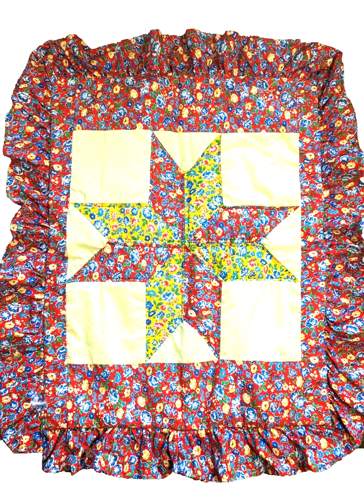 Ruffled colorful ruffled patchwork 2 shams standard red yellow star pattern