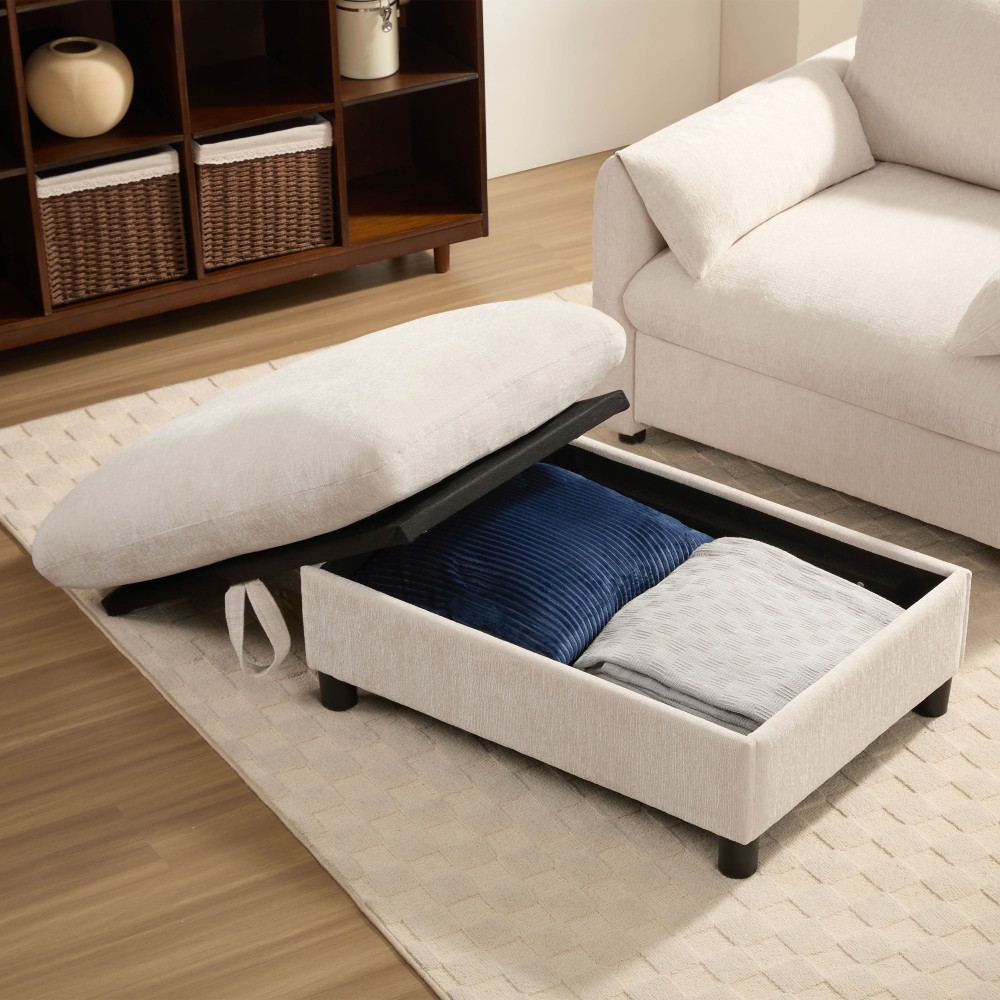 37" Chenille Cloud Chaise Lounge w/ Storage Ottoman & USB Charger